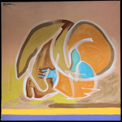 Huge French Abstract Orange & Turquoise Shapes French 20th Century Painting