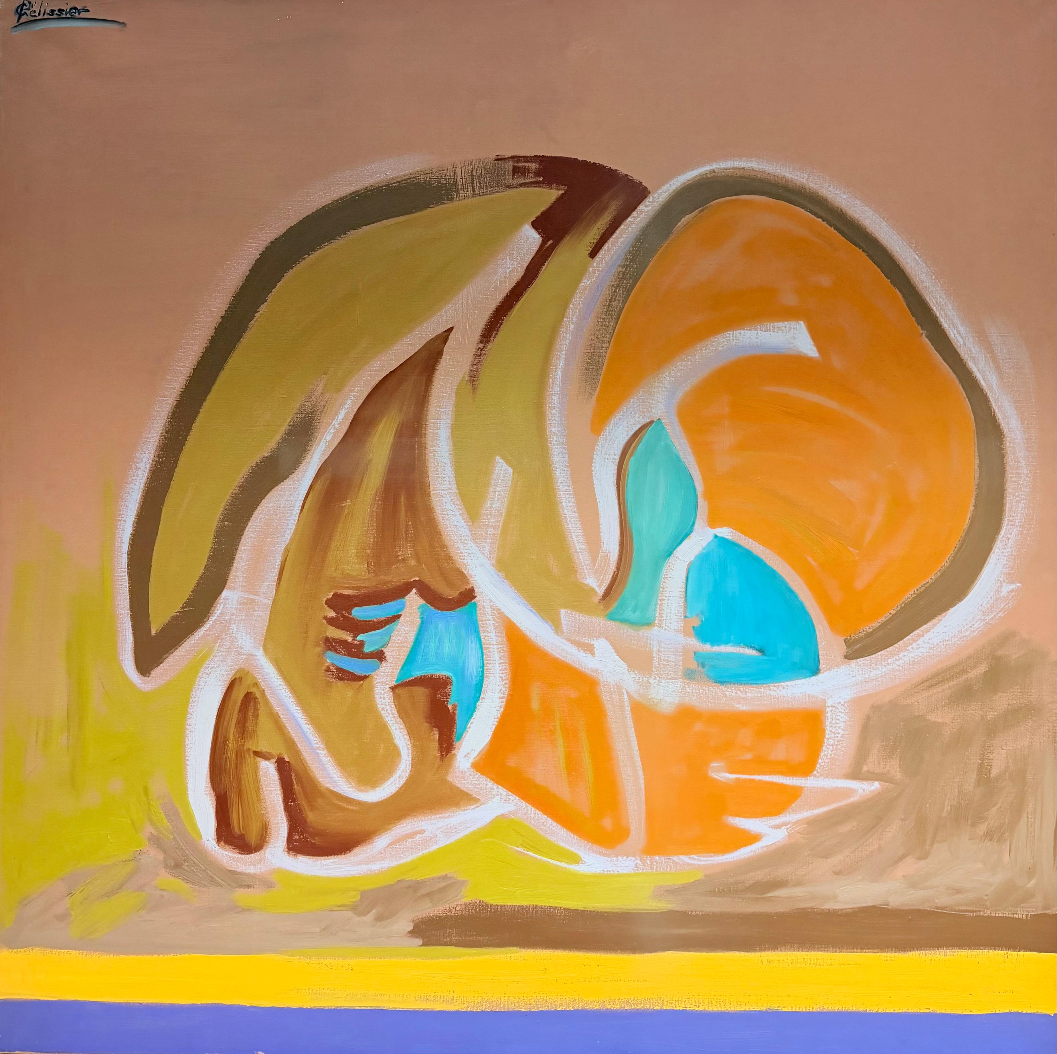 Énorme peinture abstraite française du 20e siècle aux formes orange et turquoise
