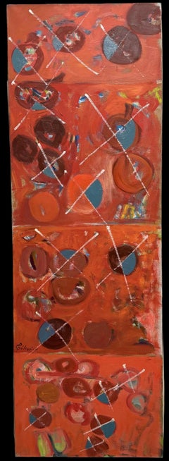 Huge French Red Geometric Abstract Expressionist Balls & Lines Oil Painting