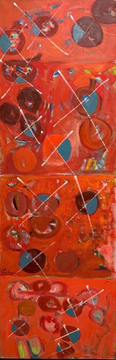 Huge French Red Geometric Abstract Expressionist Balls & Lines Oil Painting