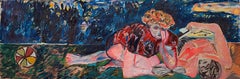 Large French 20th C. Reclining Female Abstract Figures Figurative Oil Painting