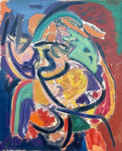 Grande dipinto francese del XX secolo Colori vivaci e audaci Forme dinamiche astratte