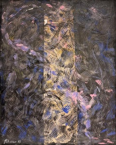 Large French Mid Century Abstract Oil Painting Black Purple Pink Composition
