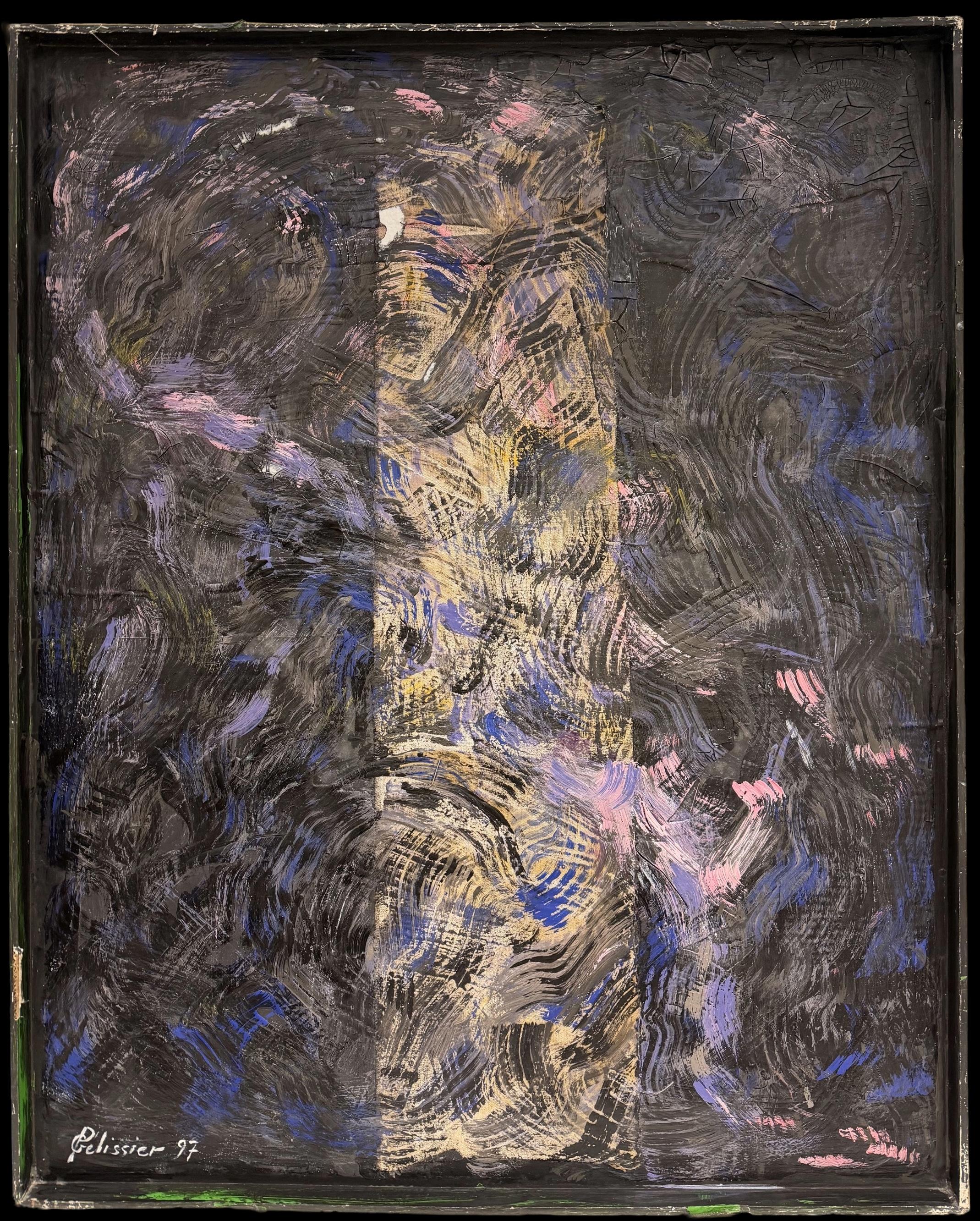 Large French Mid Century Abstract Oil Painting Black Purple Pink Composition