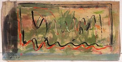 Muted Green Red and Beige Abstract Lines French 20th Century Painting