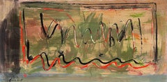 Muted Green Red and Beige Abstract Lines French 20th Century Painting