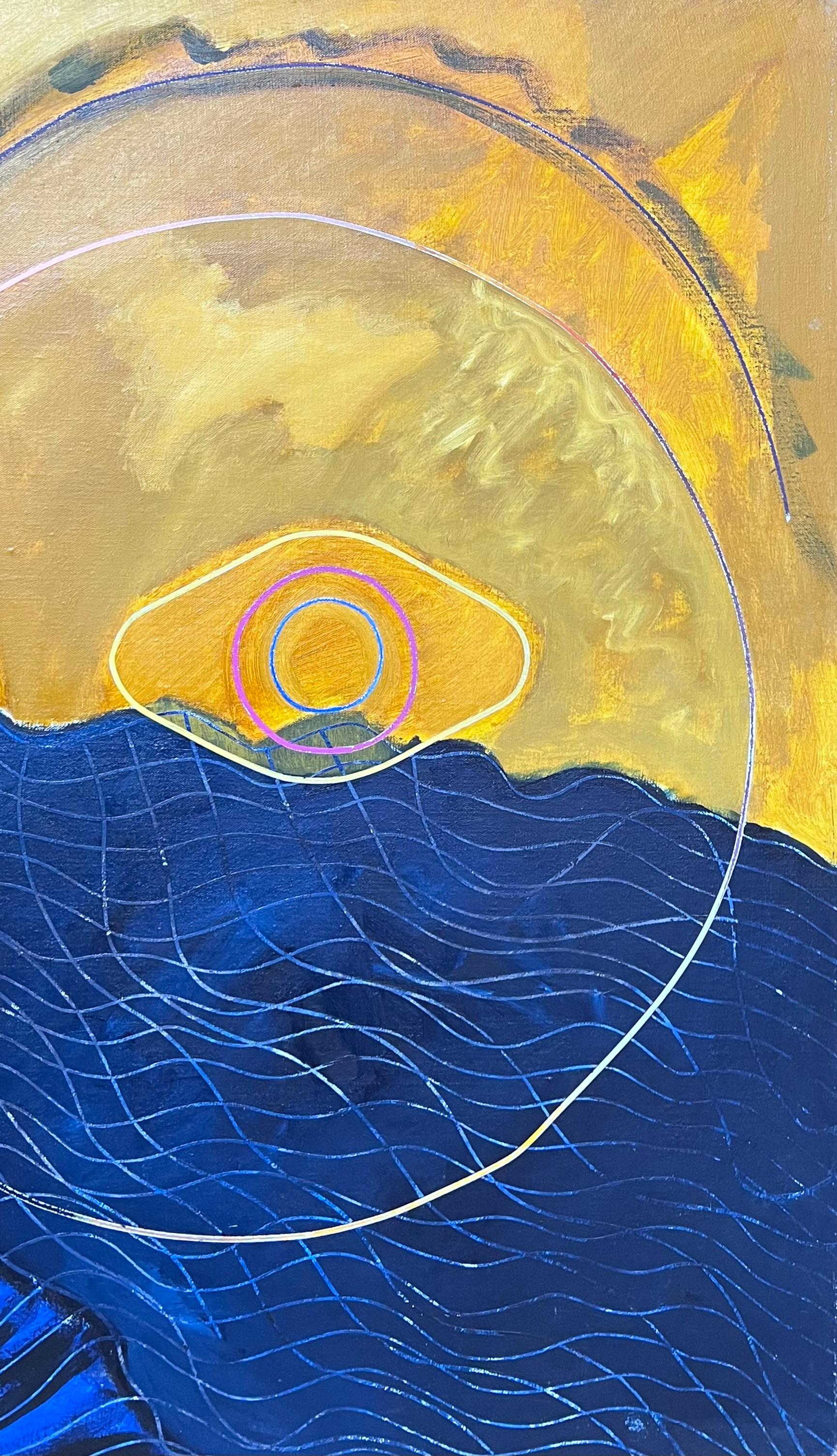 Navy and Gold Overlapping Circle Abstract French 20th Century Painting For Sale 1