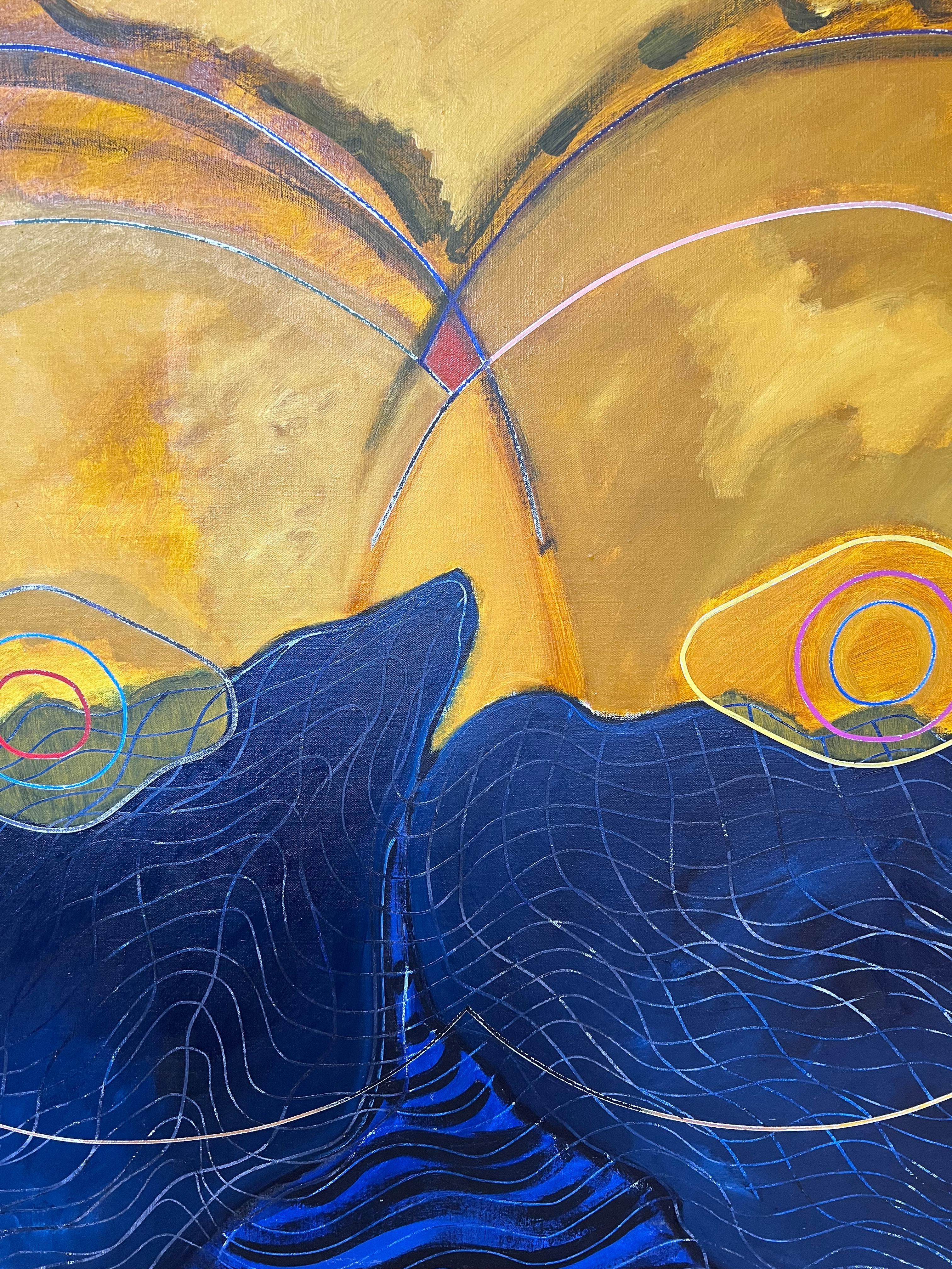 Navy and Gold Overlapping Circle Abstract French 20th Century Painting For Sale 2