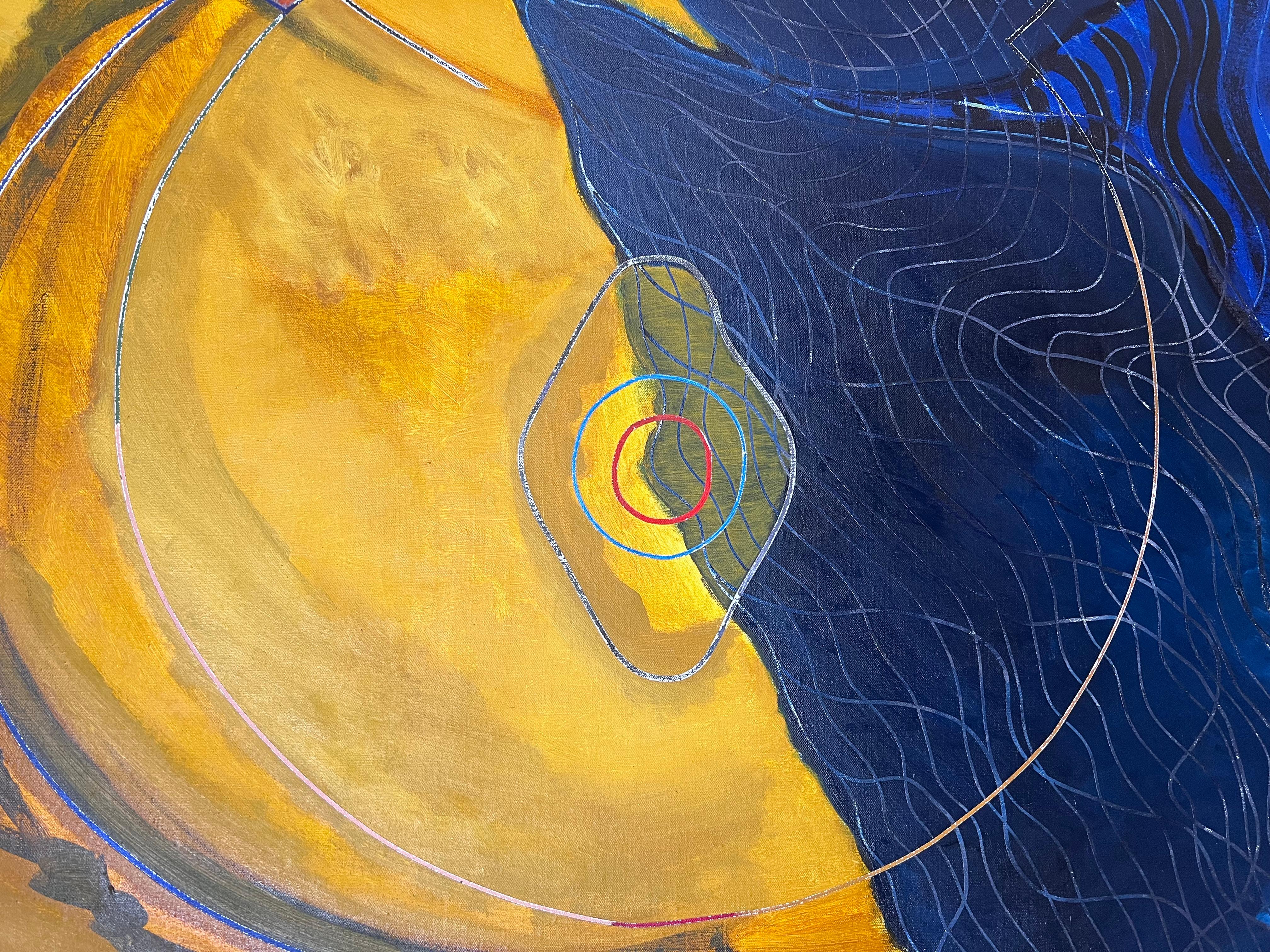Navy and Gold Overlapping Circle Abstract French 20th Century Painting For Sale 3