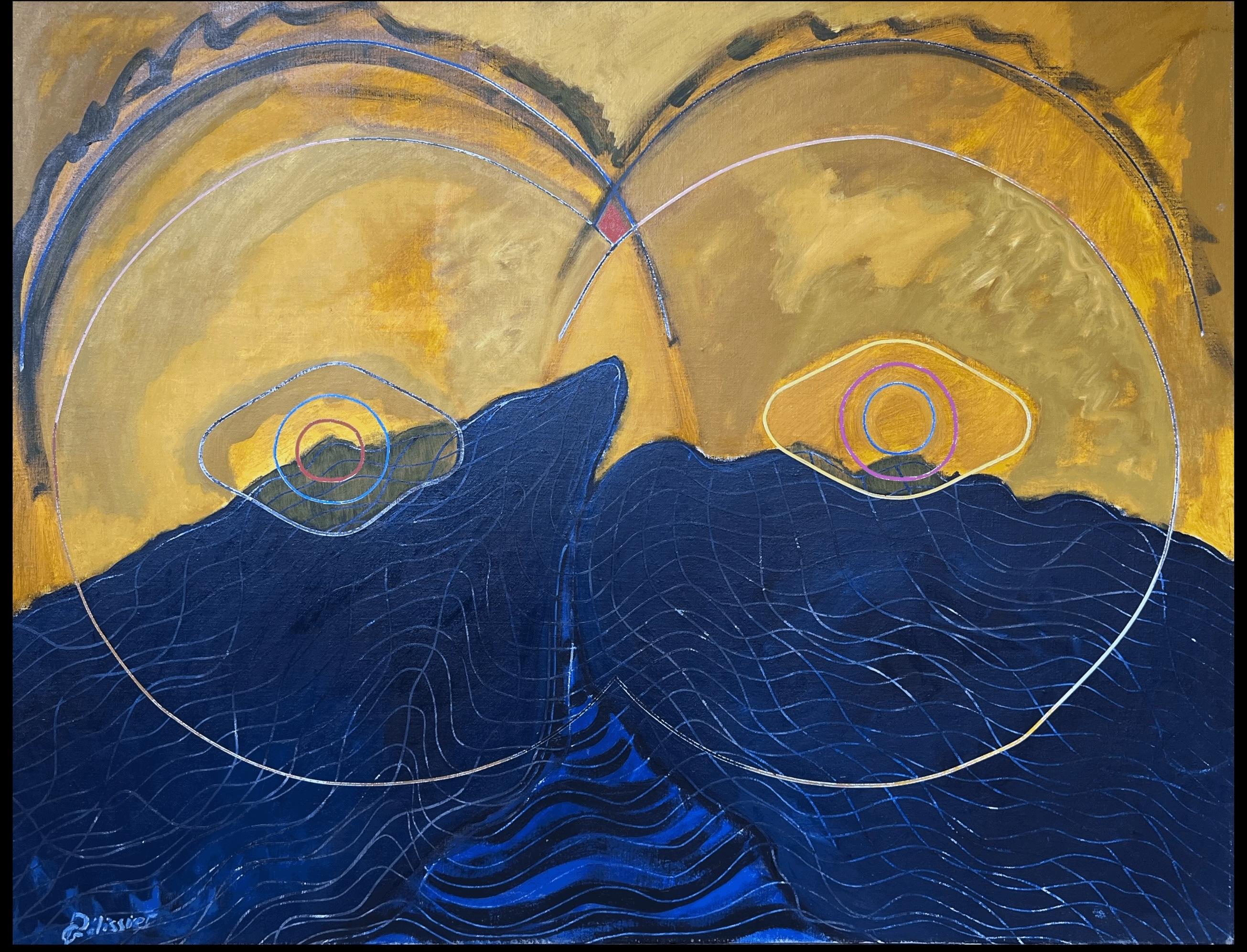 Navy and Gold Overlapping Circle Abstract French 20th Century Painting For Sale 5