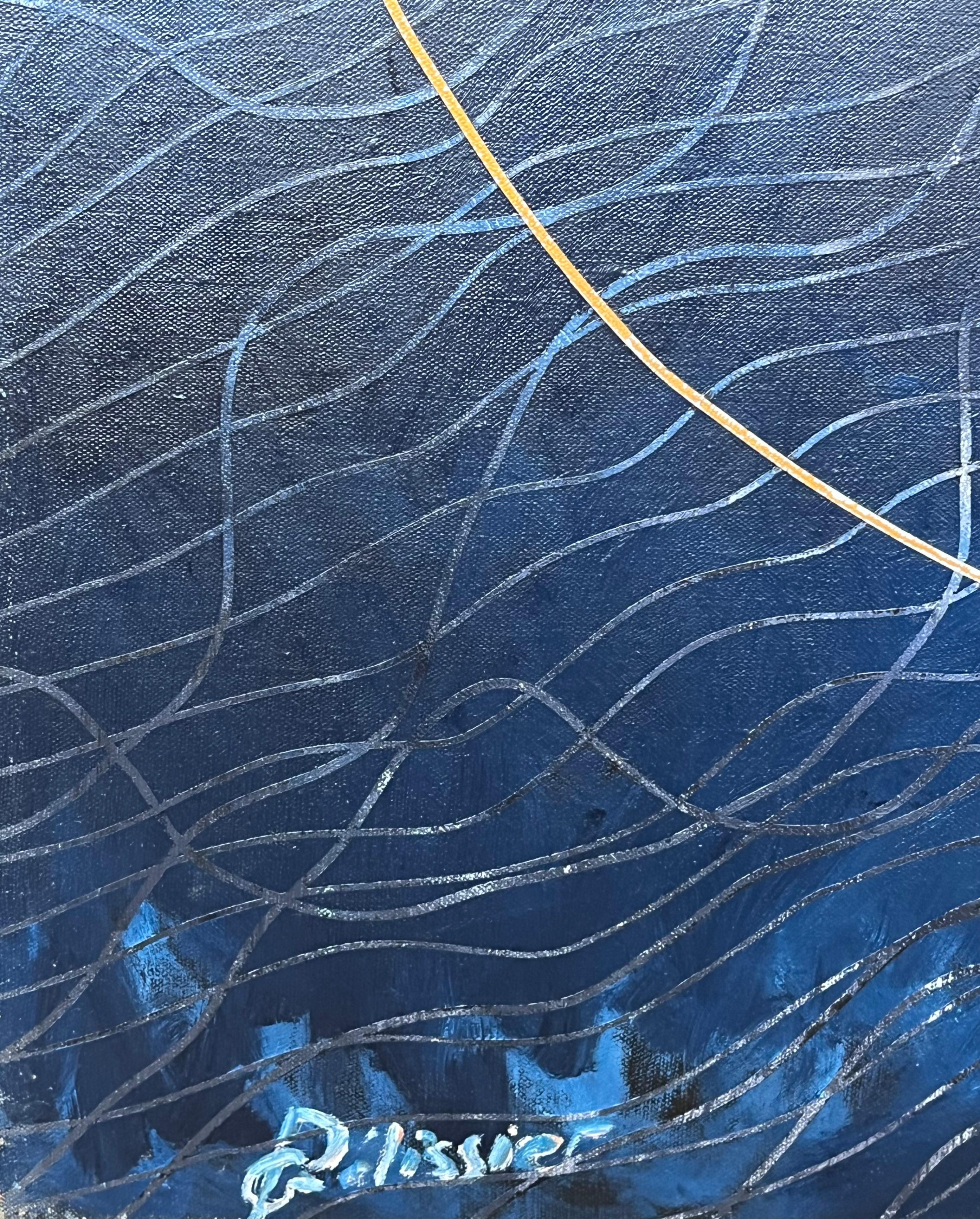Navy and Gold Overlapping Circle Abstract French 20th Century Painting For Sale 6
