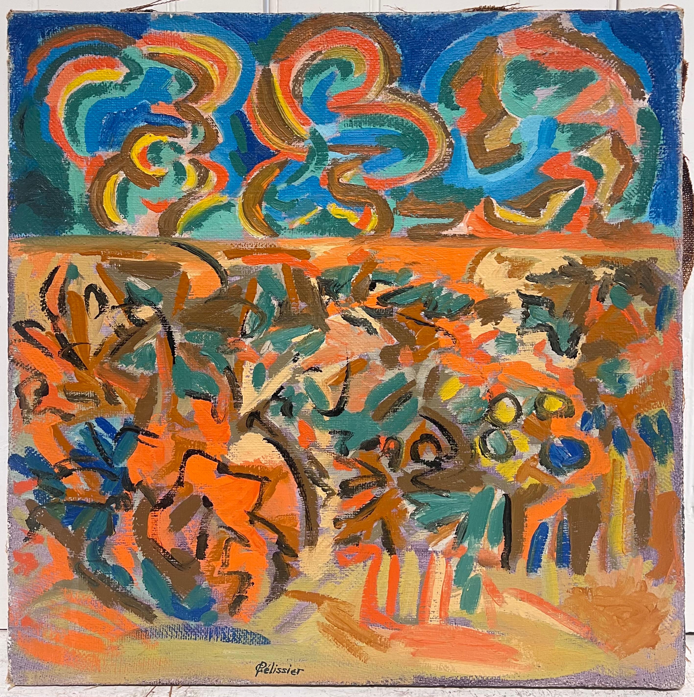 Pittura astratta francese del XX secolo con vortice arancione e blu - Painting di Gilbert Pelissier
