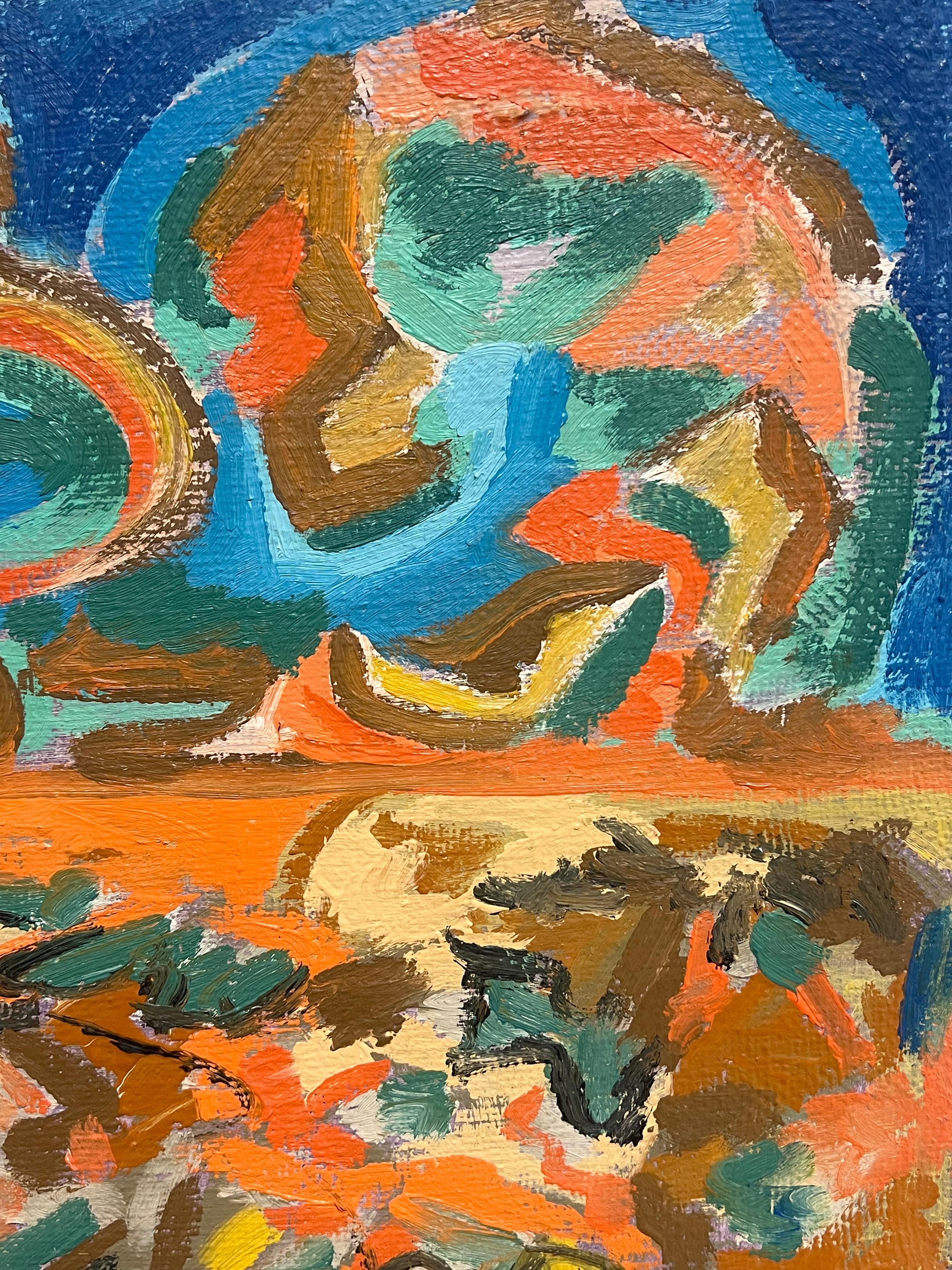 Pittura astratta francese del XX secolo con vortice arancione e blu - Abstract Painting Marrone di Gilbert Pelissier