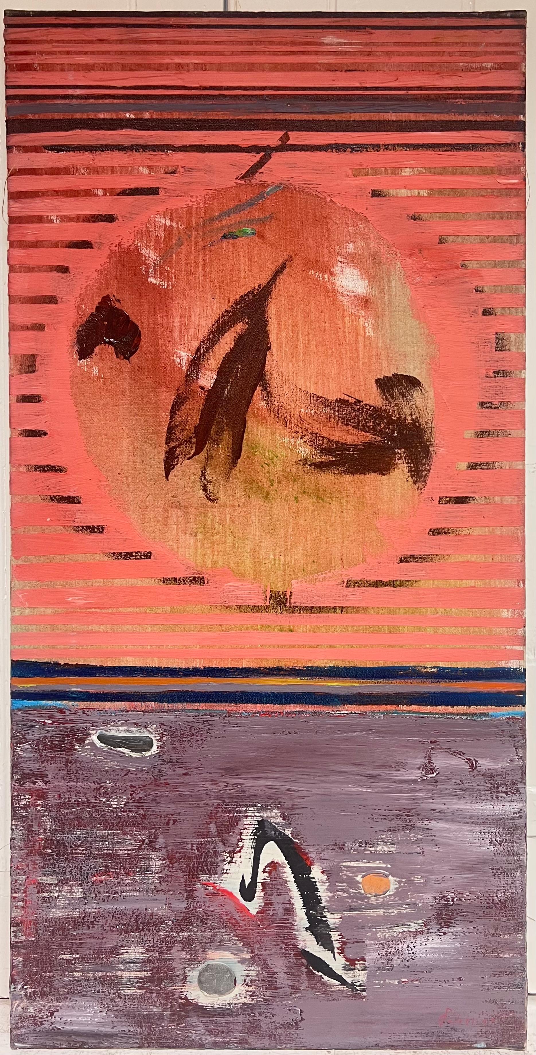 Orange Kreis in Bernstein Himmel Abstraktes französisches Gemälde des 20. Jahrhunderts – Painting von Gilbert Pelissier