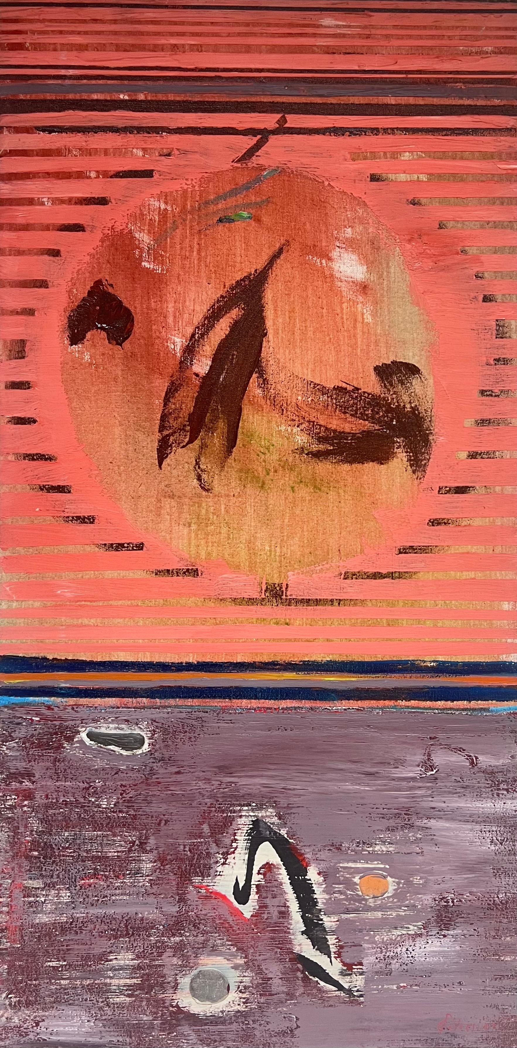 Cercle orange dans un ciel ambré, peinture abstraite française du 20e siècle