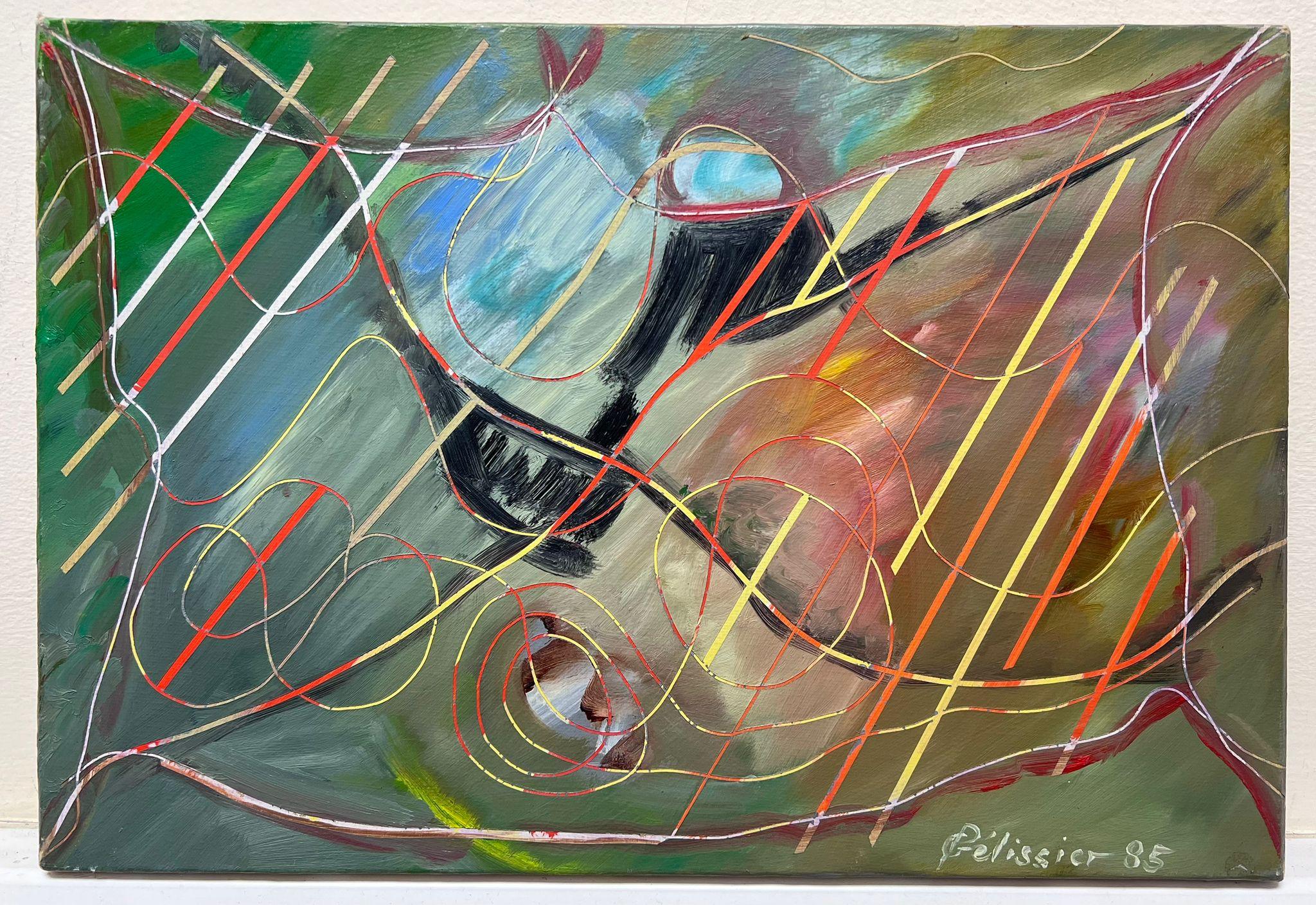 Original 20th Century French Abstract Painting Twirling Shapes 1985 For Sale 1