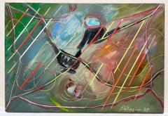 Original 20th Century French Abstract Painting Twirling Shapes 1985