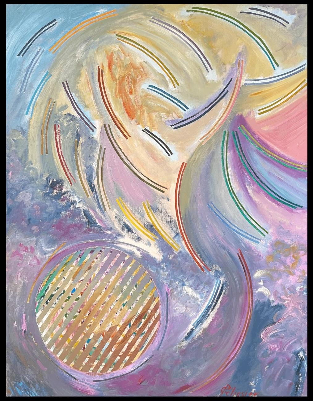 Pittura pastello viola e gialla astratta con linee eccentriche Secolo francese - Painting di Gilbert Pelissier