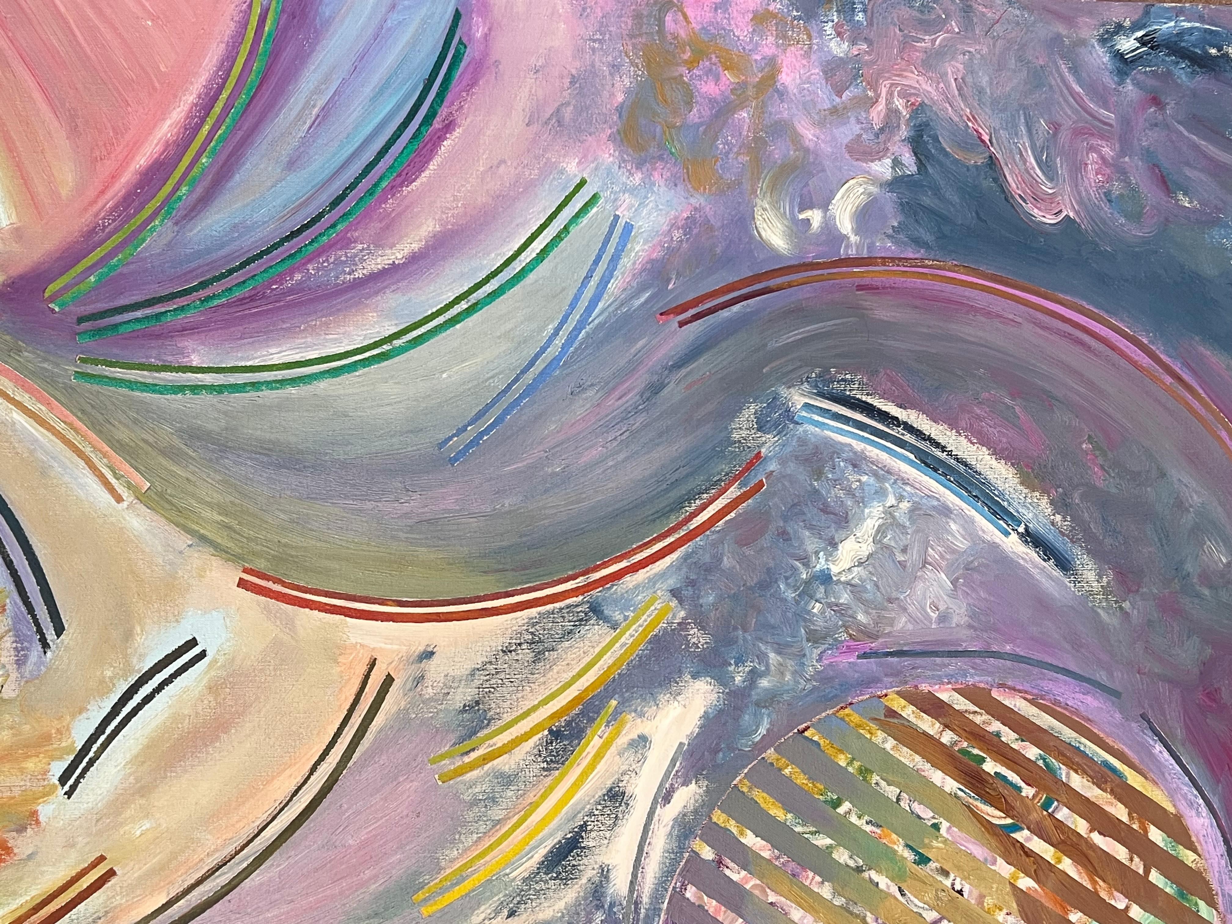 Pittura pastello viola e gialla astratta con linee eccentriche Secolo francese in vendita 1