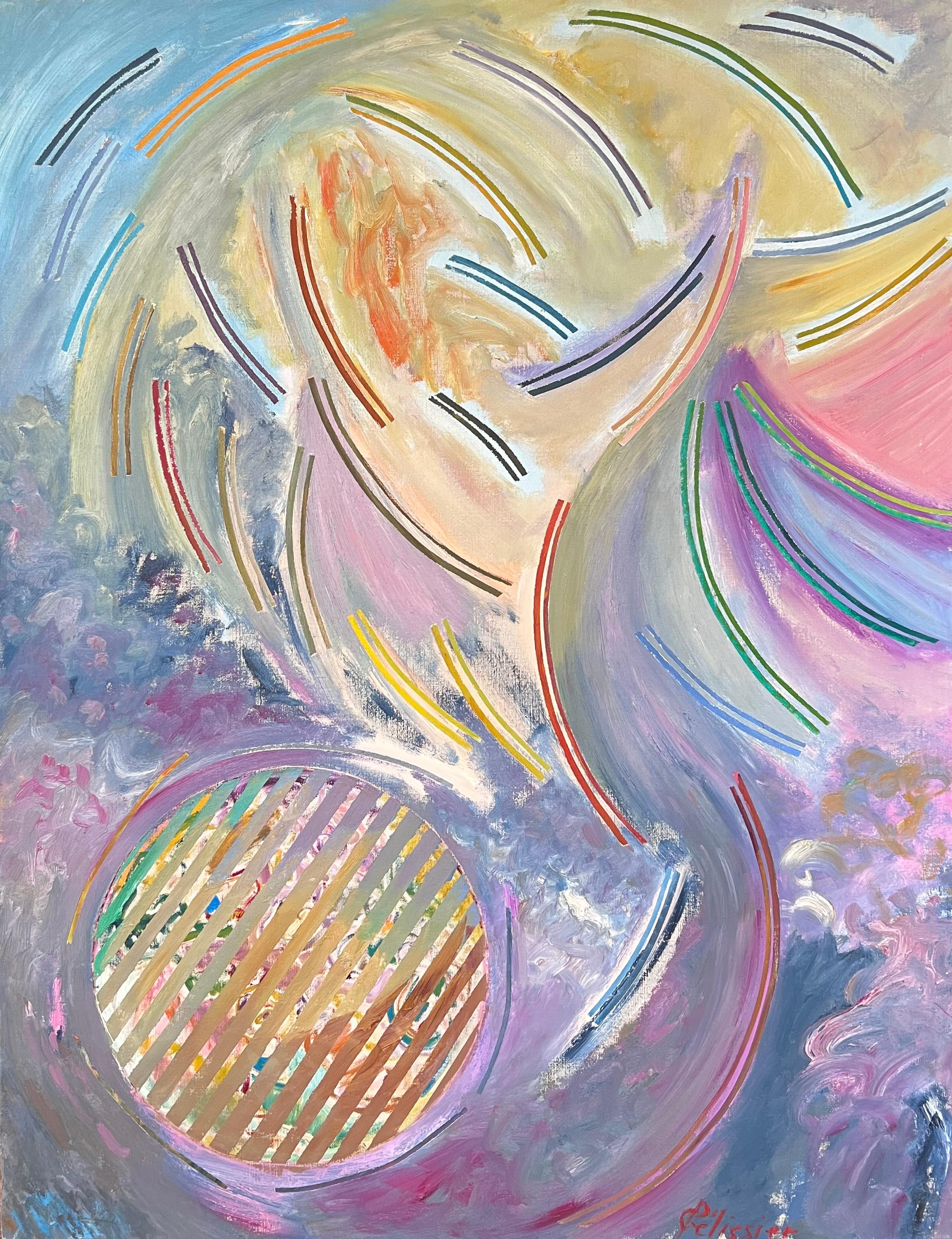 Abstract Painting di Gilbert Pelissier - Pittura pastello viola e gialla astratta con linee eccentriche Secolo francese