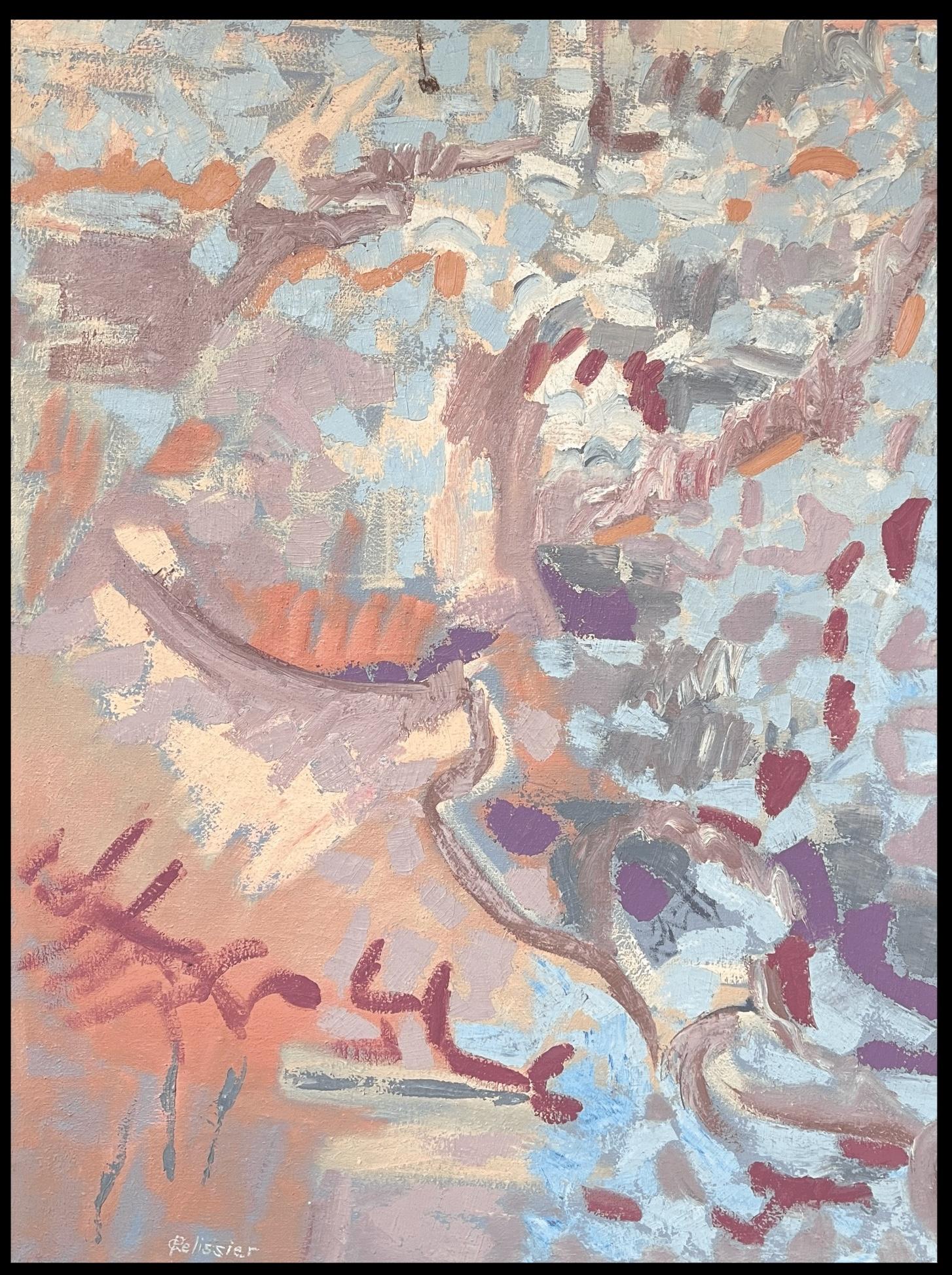 Pittura astratta francese del XX secolo a pastello con colori blu e rosa - Painting di Gilbert Pelissier