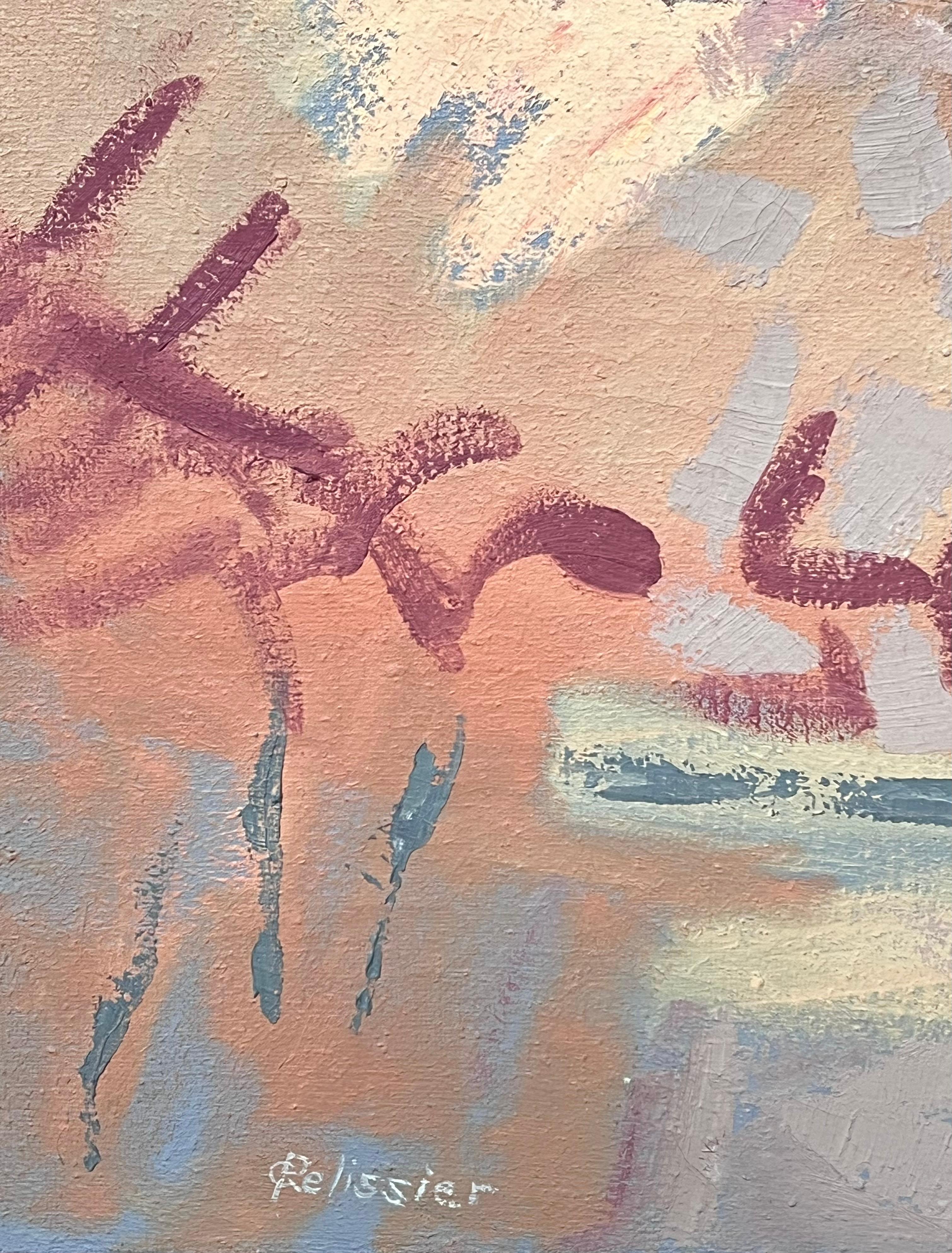 Pittura astratta francese del XX secolo a pastello con colori blu e rosa - Painting Espressionismo astratto di Gilbert Pelissier