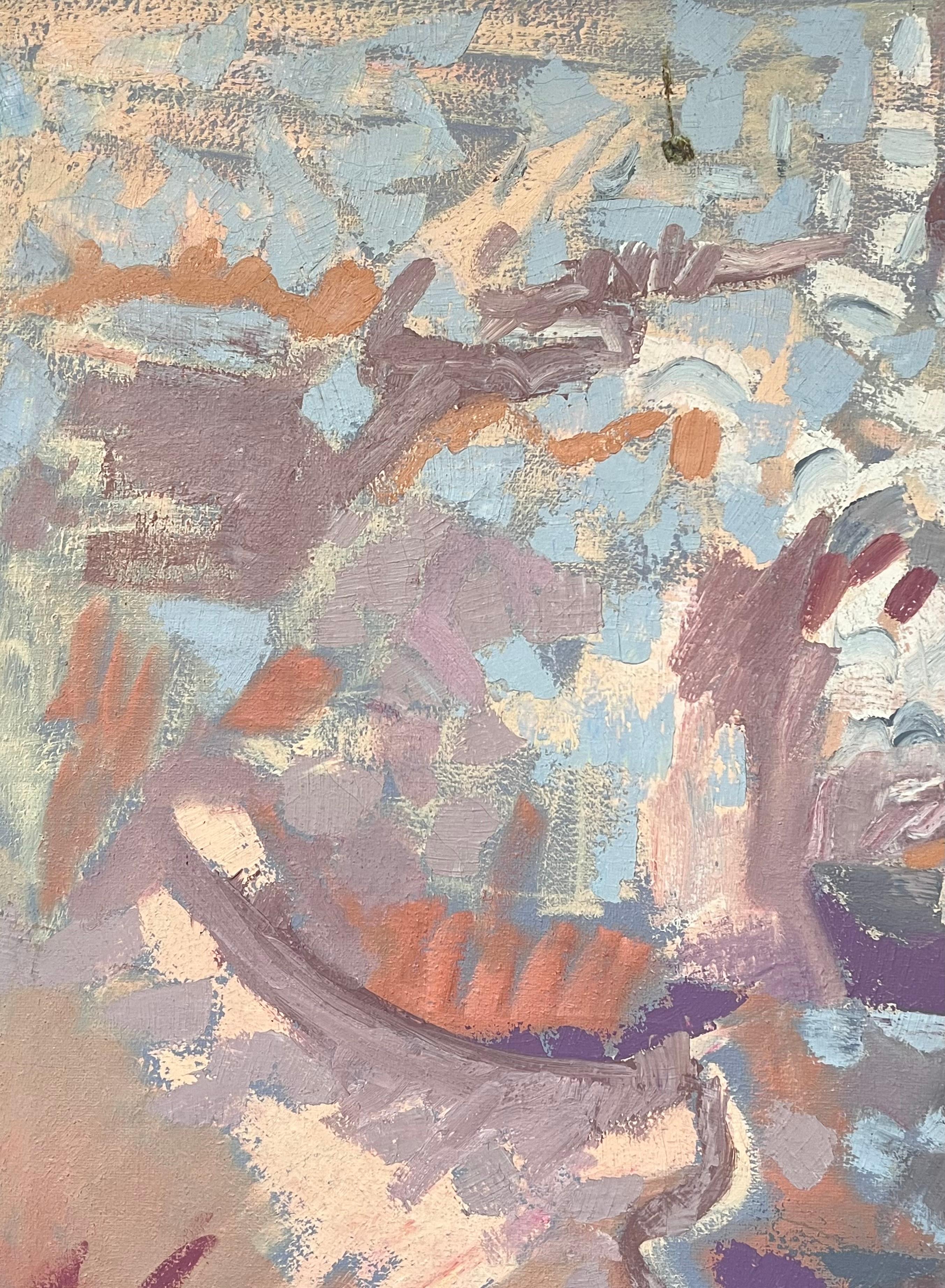 Pittura astratta francese del XX secolo a pastello con colori blu e rosa - Abstract Painting Grigio di Gilbert Pelissier