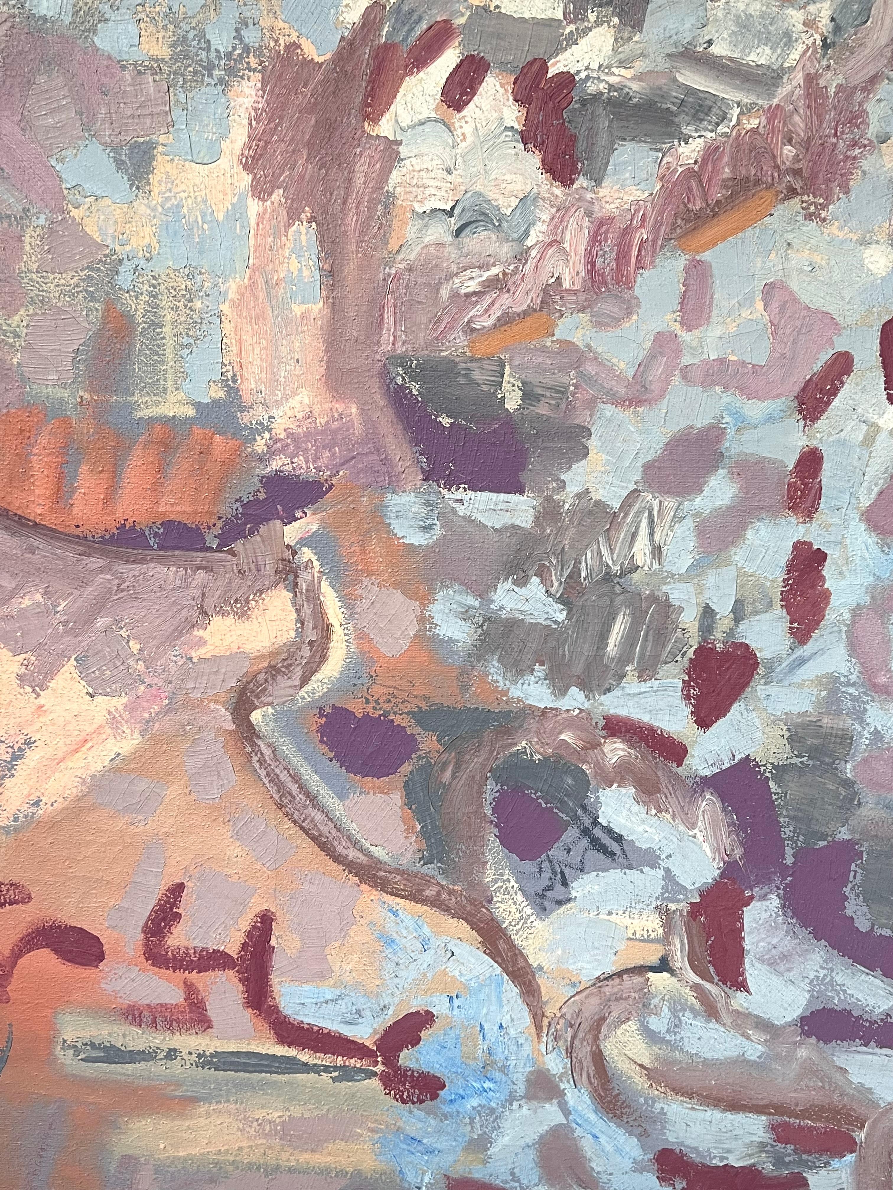 Pittura astratta francese del XX secolo a pastello con colori blu e rosa in vendita 1