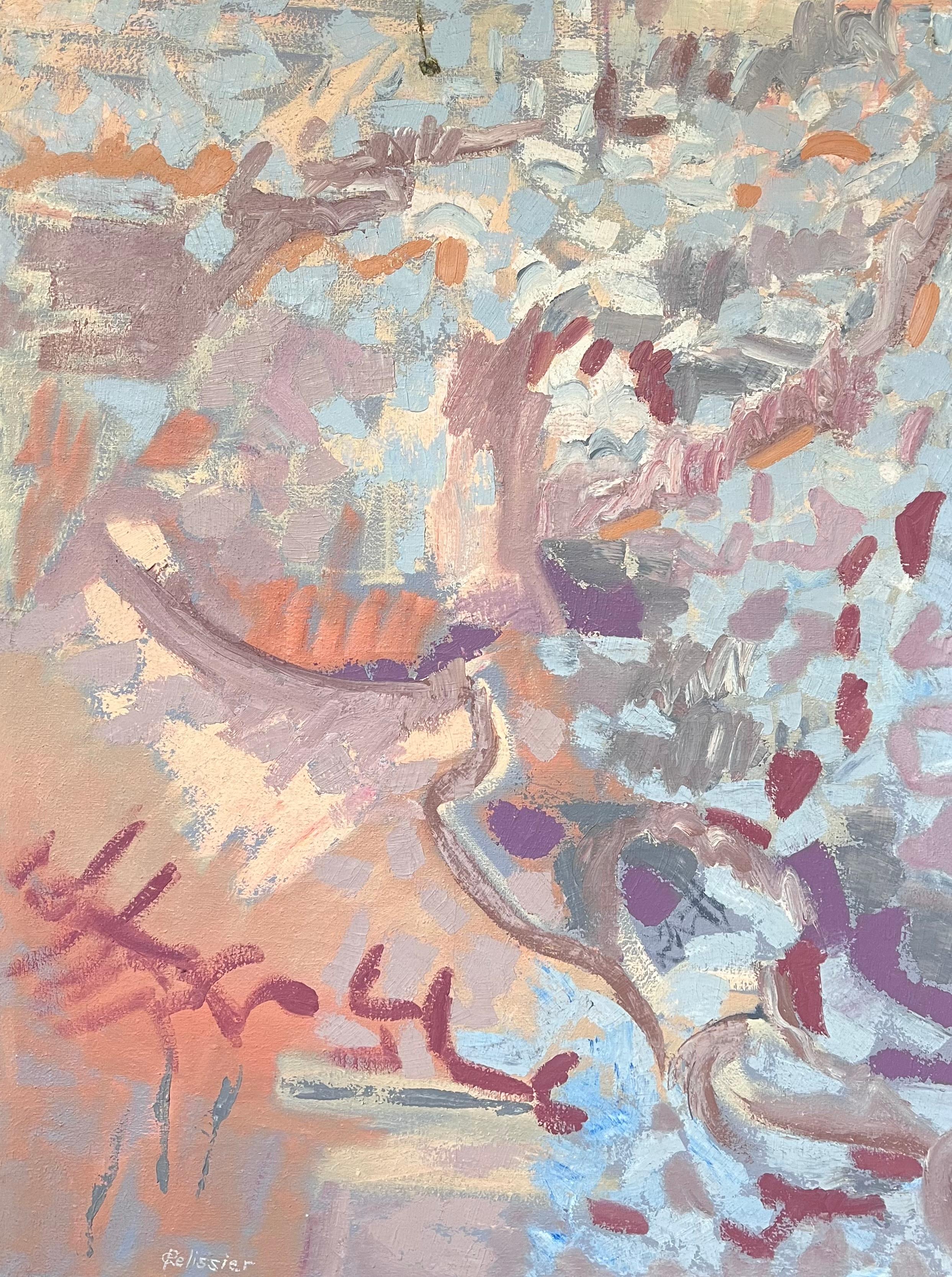 Abstract Painting di Gilbert Pelissier - Pittura astratta francese del XX secolo a pastello con colori blu e rosa