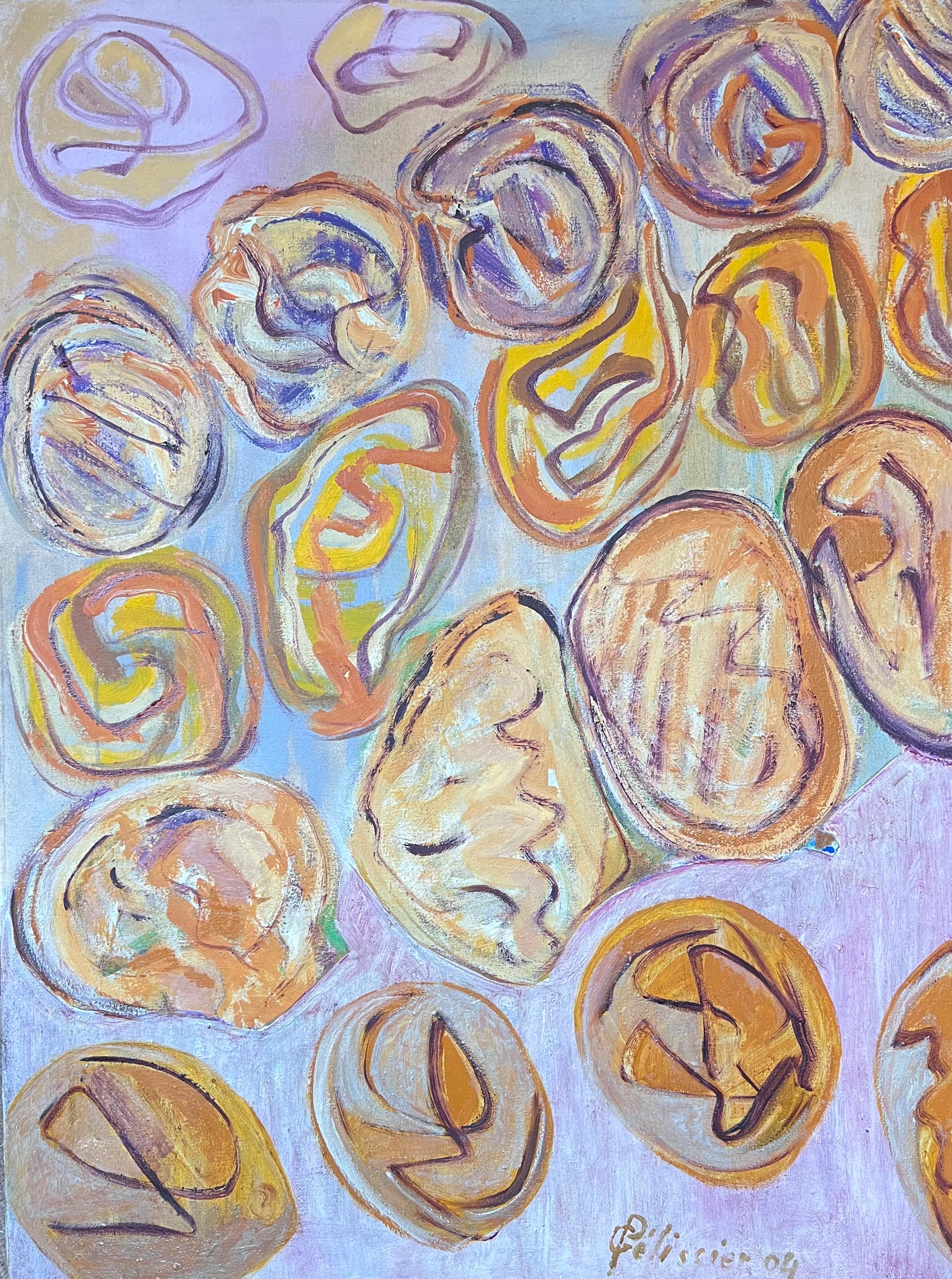 Abstract Painting di Gilbert Pelissier - Astratto rosa e viola di cerchi arancioni  Pittura francese del XX secolo