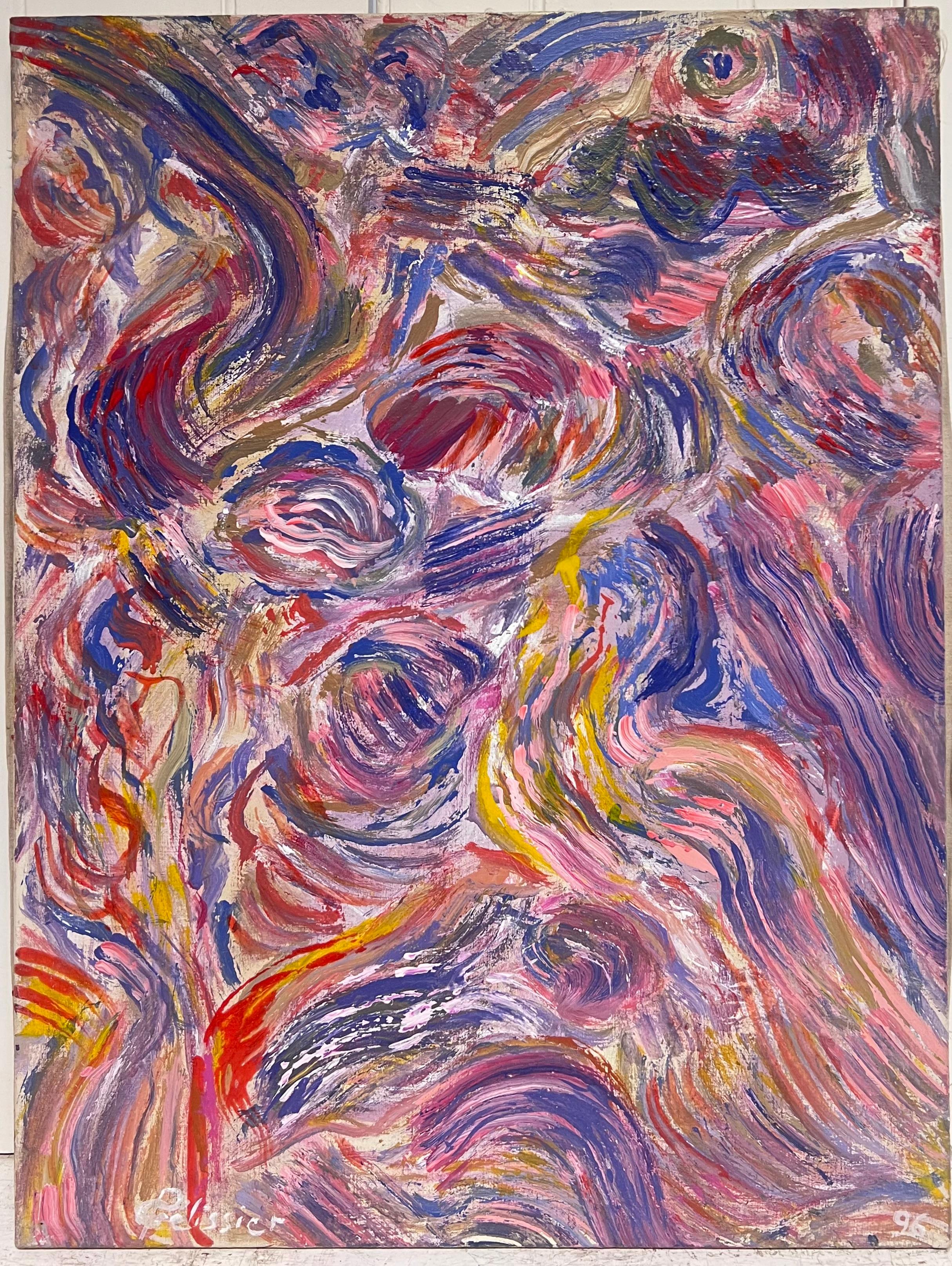 Pittura astratta rosa, viola e arancione del XX secolo francese - Abstract Painting Marrone di Gilbert Pelissier