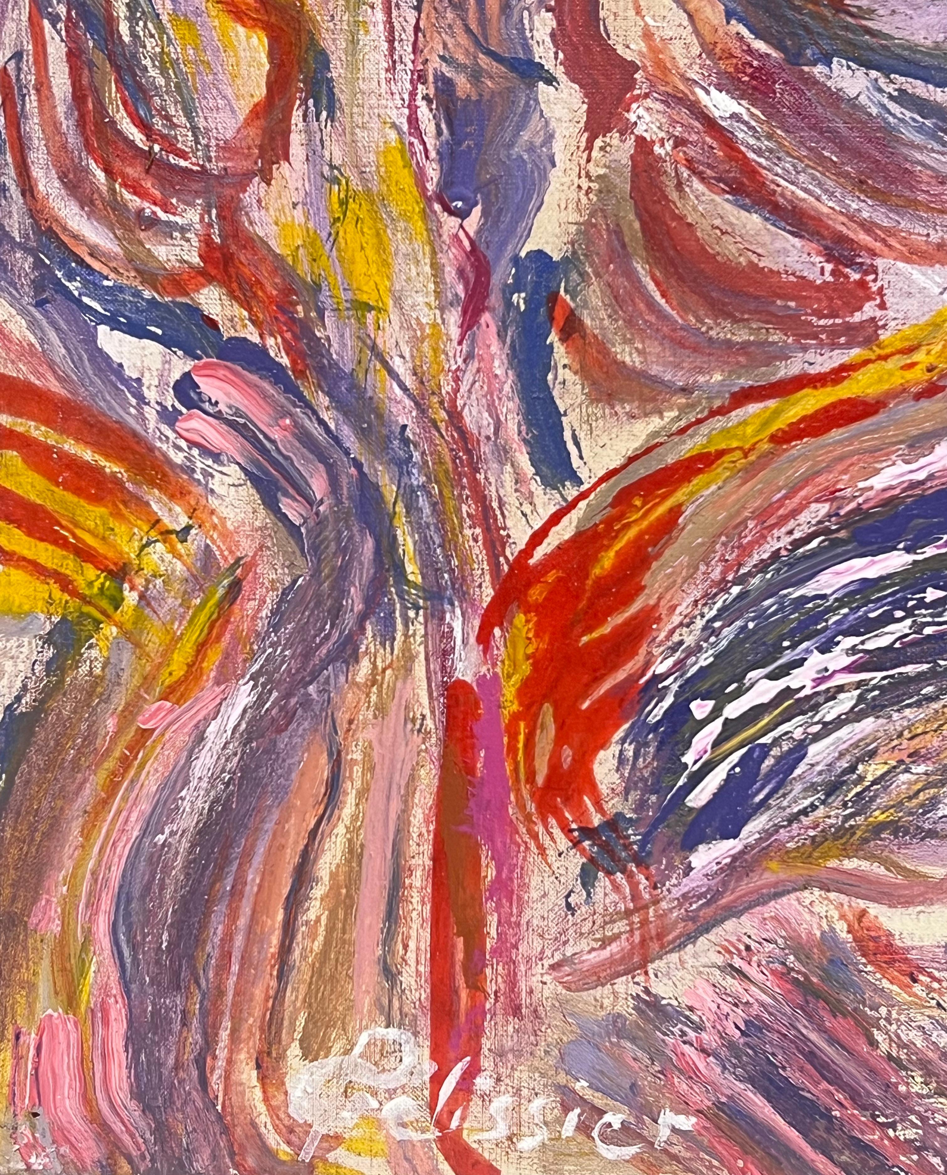 Pittura astratta rosa, viola e arancione del XX secolo francese in vendita 1