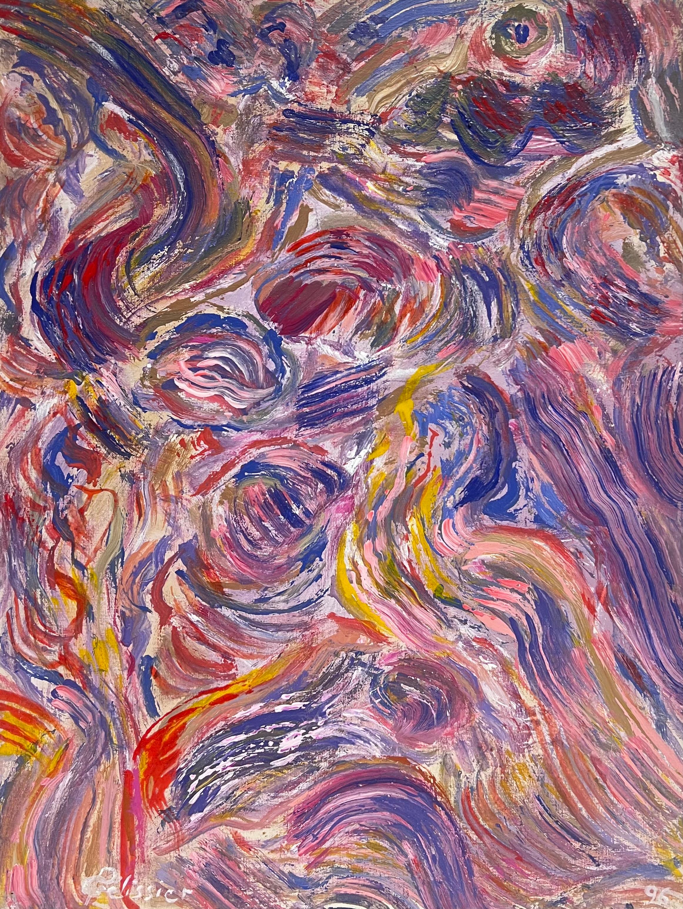 Abstract Painting di Gilbert Pelissier - Pittura astratta rosa, viola e arancione del XX secolo francese