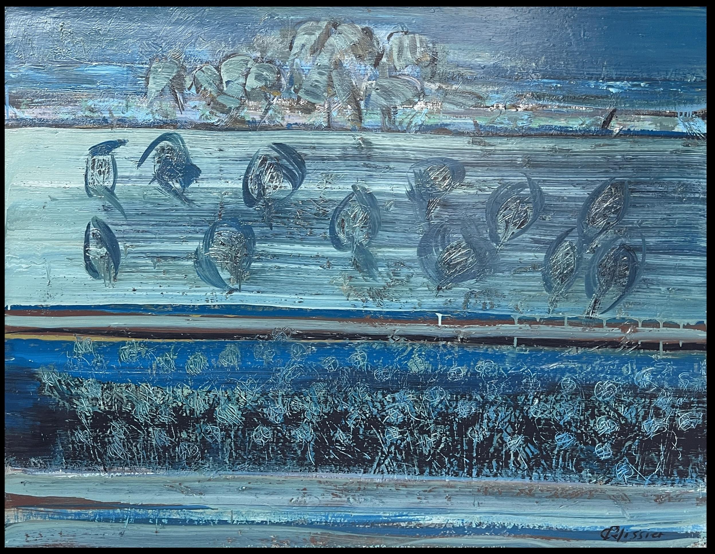 Abstraktes französisches Gemälde des 20. Jahrhunderts mit blauen strukturierten Pinselstrichen in Blau – Painting von Gilbert Pelissier