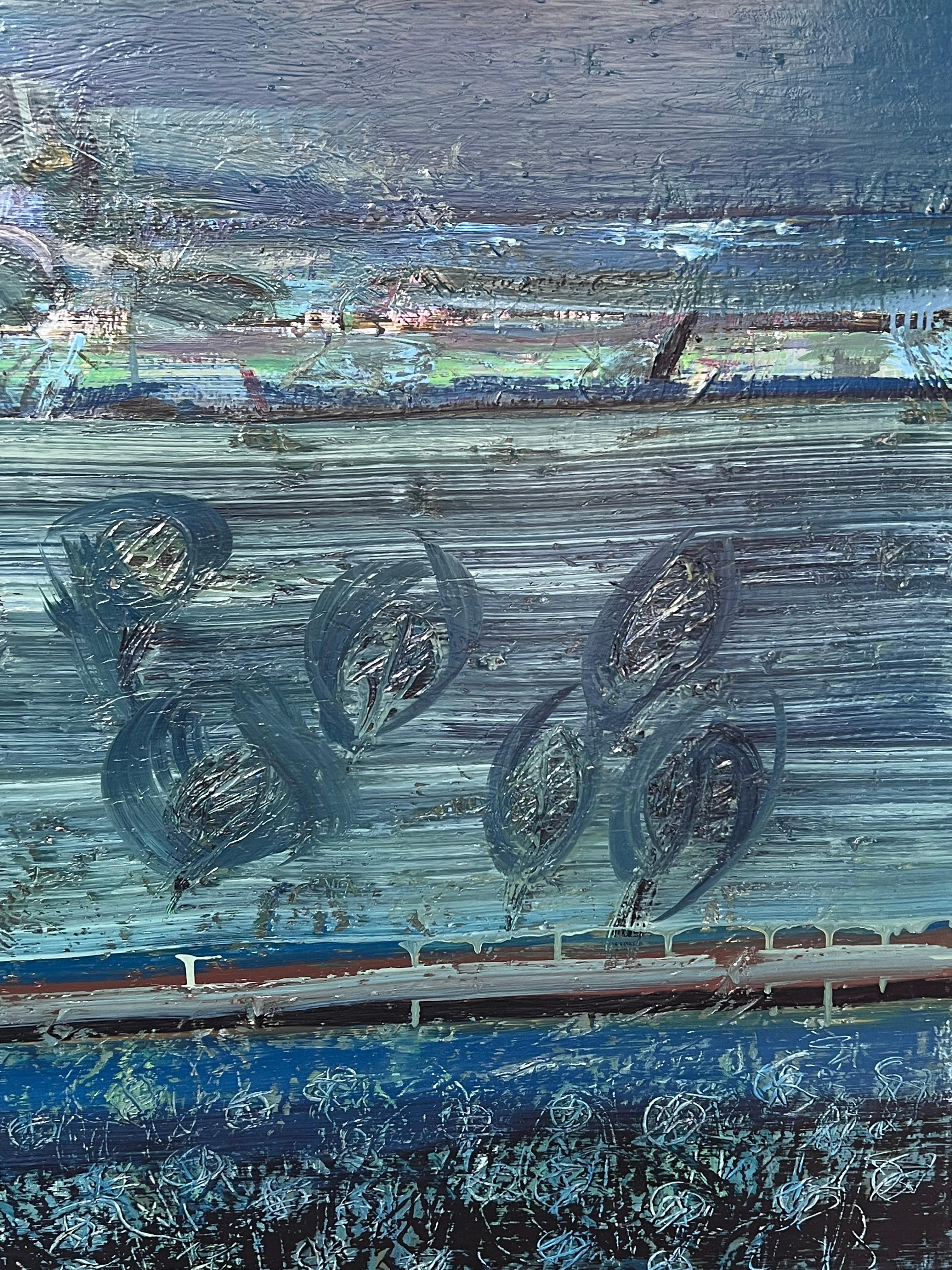 Abstraktes französisches Gemälde des 20. Jahrhunderts mit blauen strukturierten Pinselstrichen in Blau (Abstrakter Expressionismus), Painting, von Gilbert Pelissier