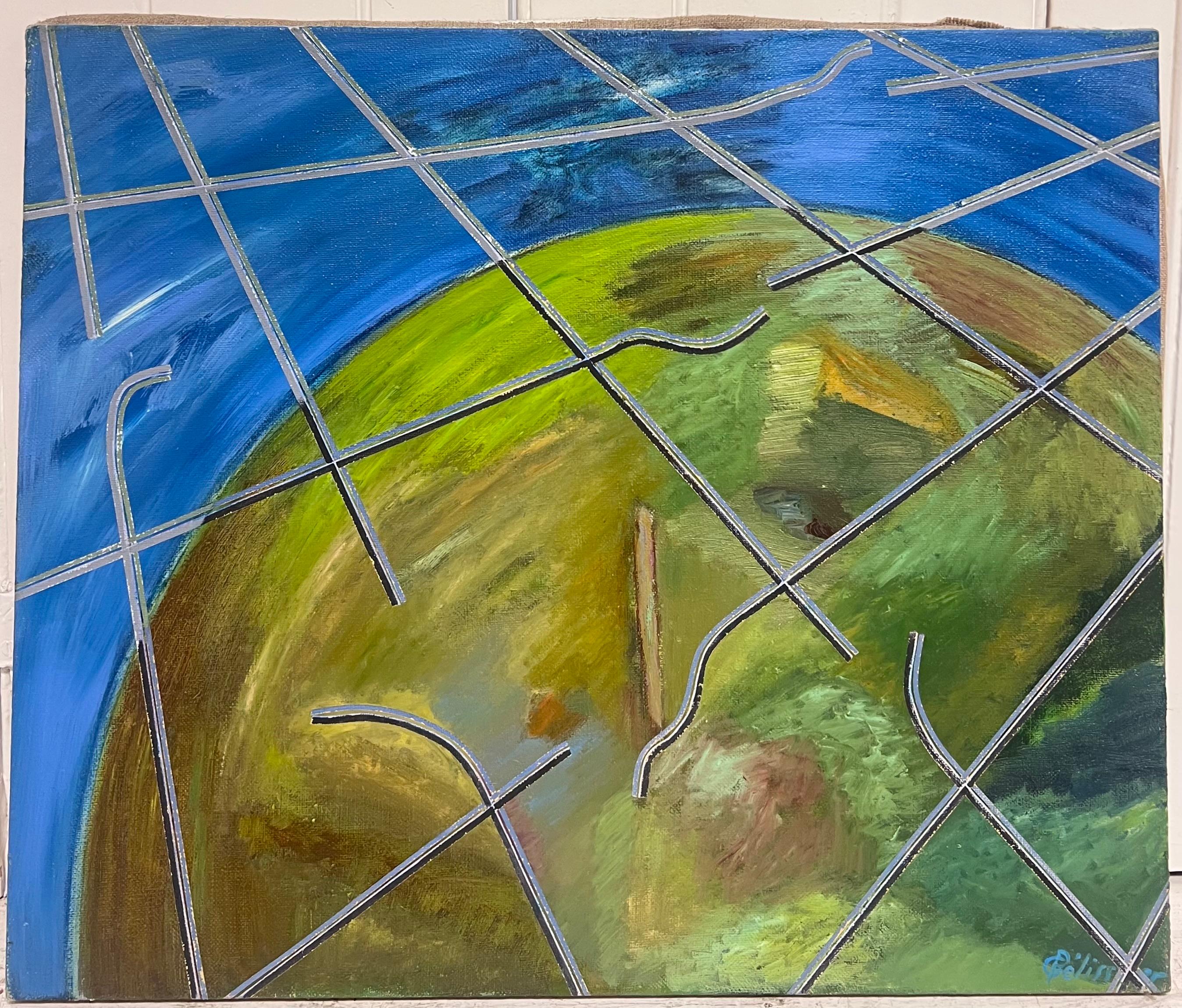 Spherical Landscape by Geometric Lines Abstract French 20th Century Painting - Gray Abstract Painting by Gilbert Pelissier