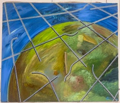 Spherical Landscape by Geometric Lines Abstract French 20th Century Painting