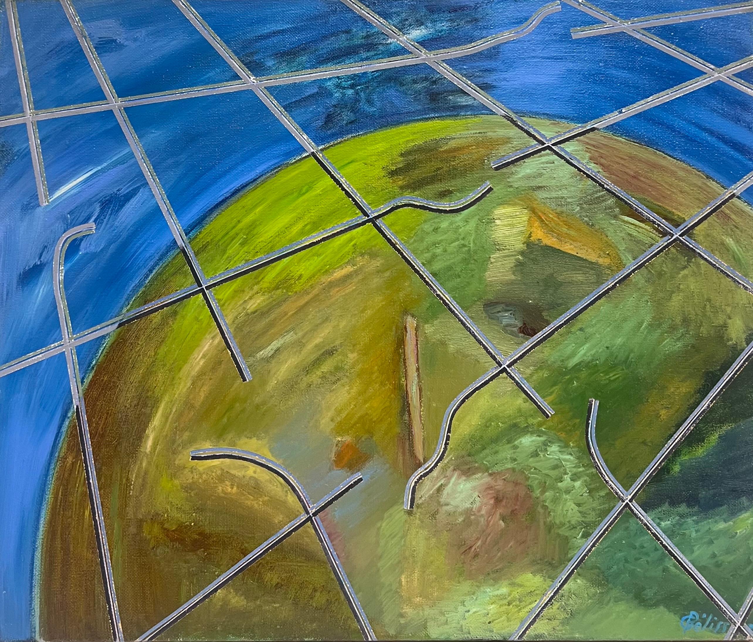 Spherical Landscape by Geometric Lines Abstract French 20th Century Painting