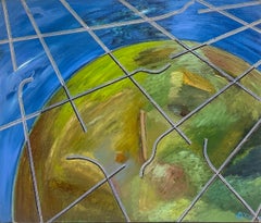 Spherical Landscape by Geometric Lines Abstract French 20th Century Painting