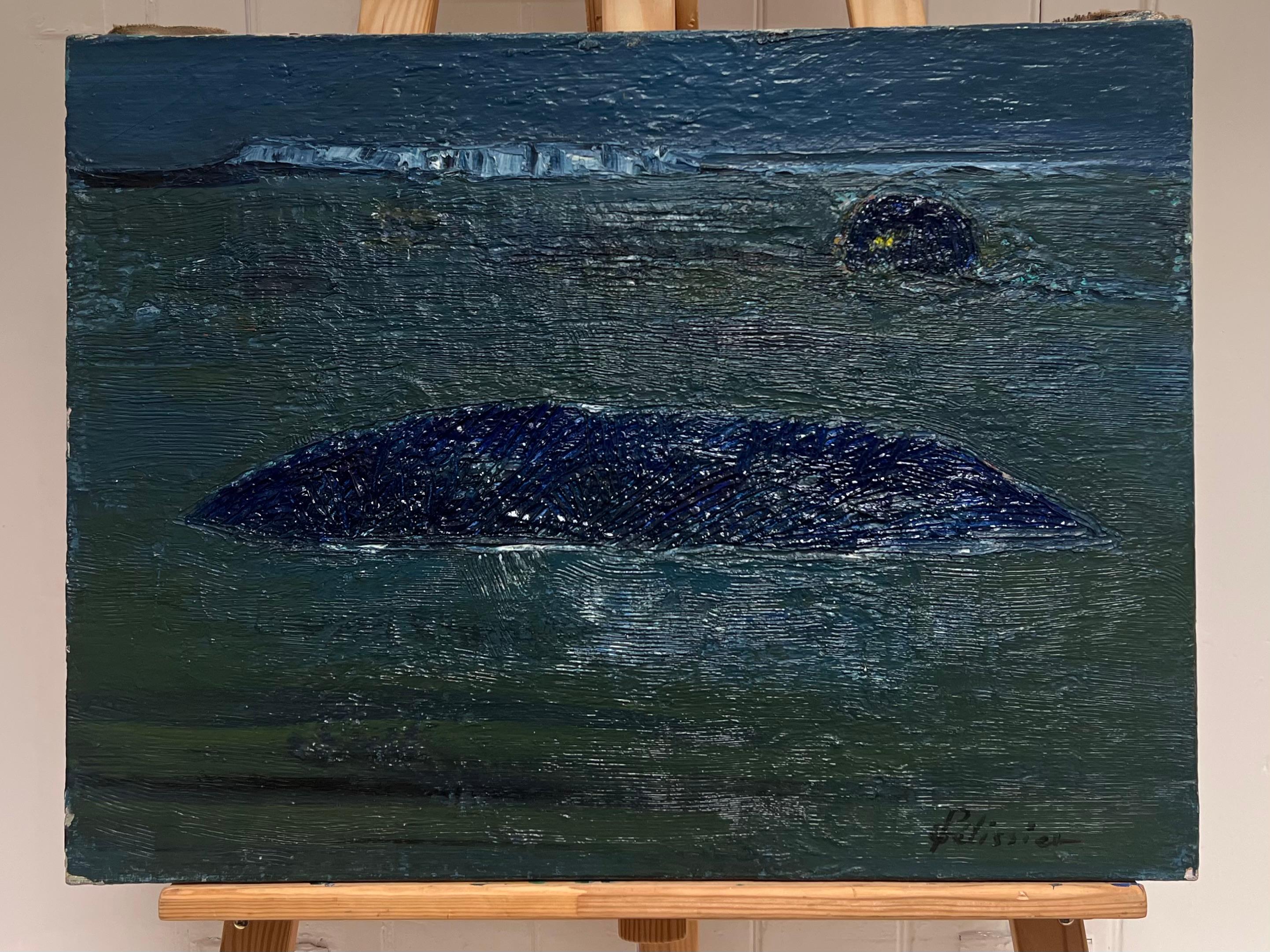 Pittura astratta francese del XX secolo di grande spessore con colori blu scuro e verde - Painting di Gilbert Pelissier