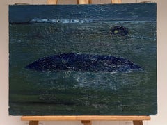 Pintura Abstracta Francesa Gruesa Azul Oscuro y Verde Siglo XX