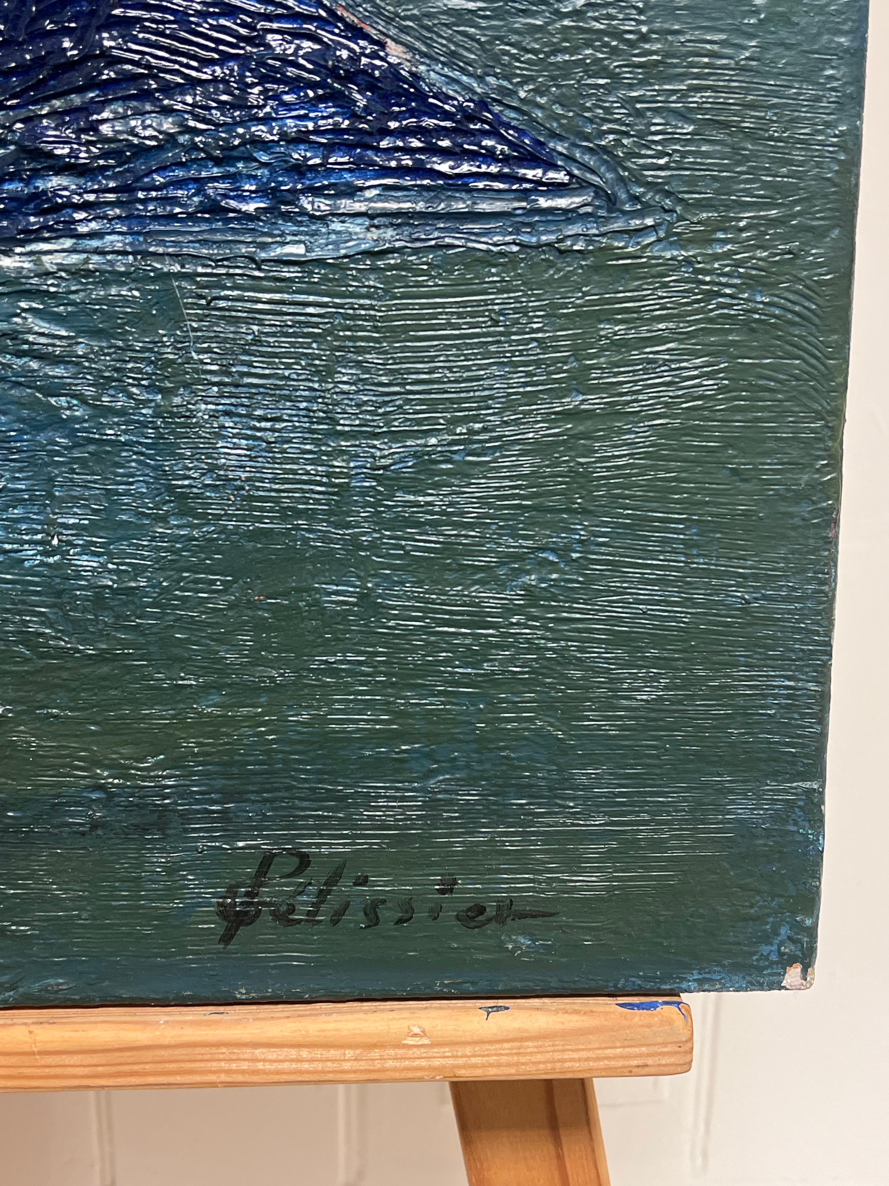 Pittura astratta francese del XX secolo di grande spessore con colori blu scuro e verde - Painting Espressionismo astratto di Gilbert Pelissier