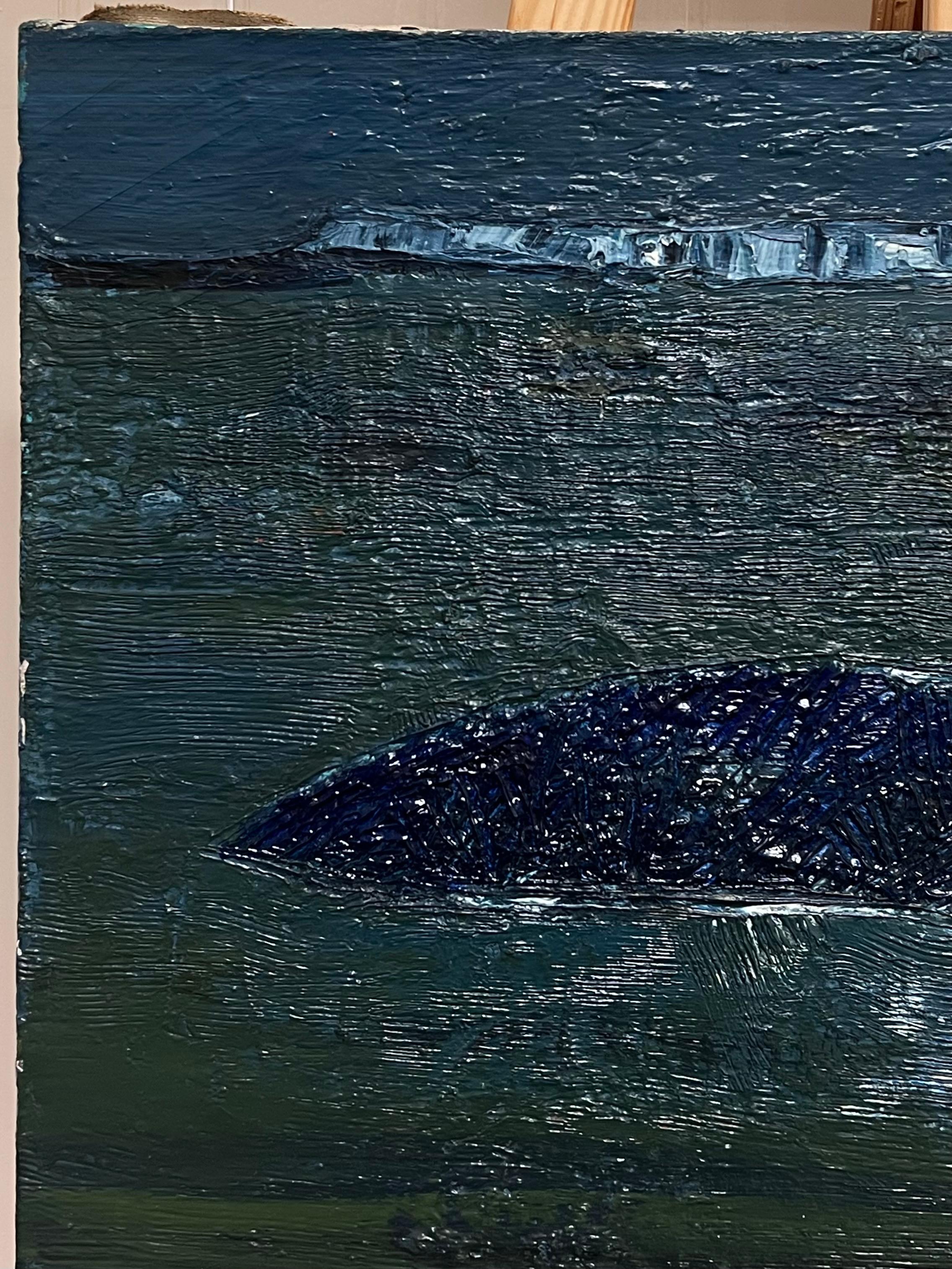Pittura astratta francese del XX secolo di grande spessore con colori blu scuro e verde in vendita 2