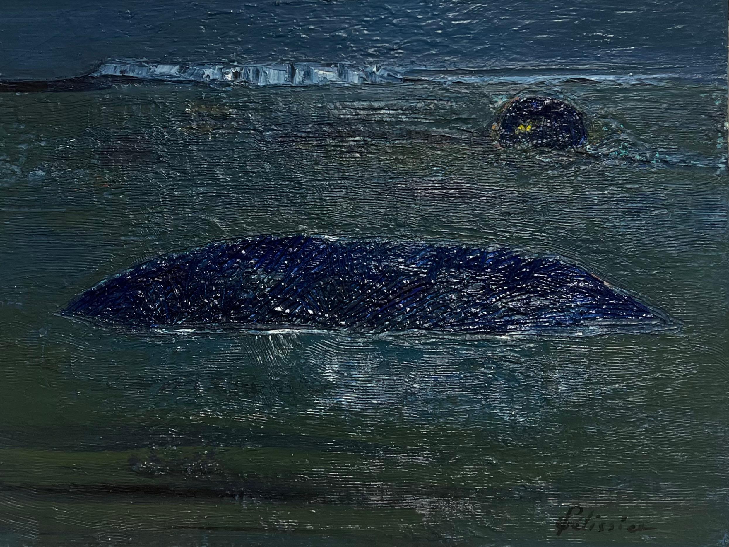 Pittura astratta francese del XX secolo di grande spessore con colori blu scuro e verde