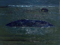 Thick Dark Blue and Green Abstract French 20th Century Painting