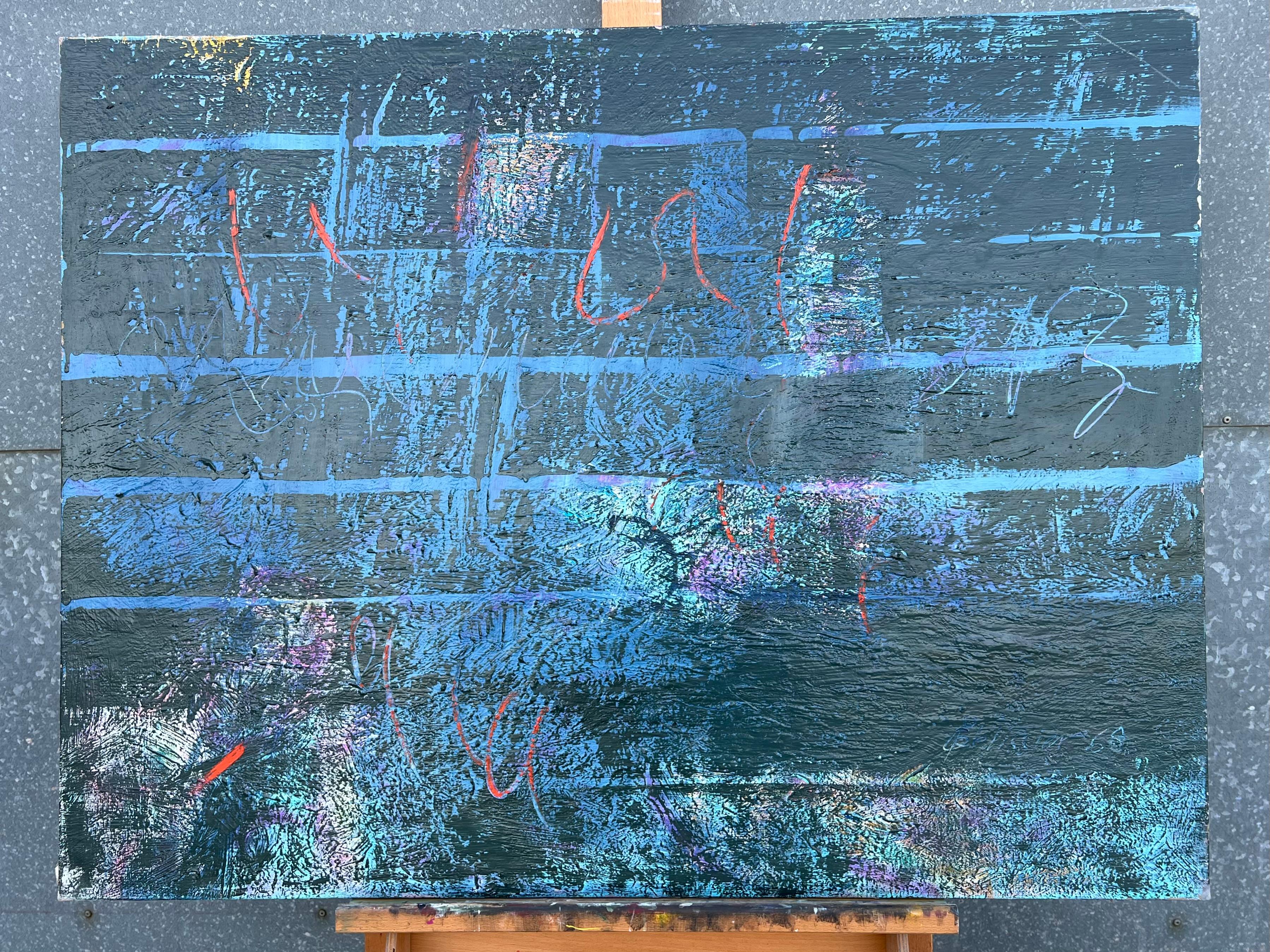 Quadro di composizione astratto a trama blu molto grande del XX secolo francese - Painting di Gilbert Pelissier
