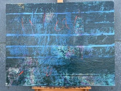 Very Large French 20th Century Blue Textured Abstract Composition Painting