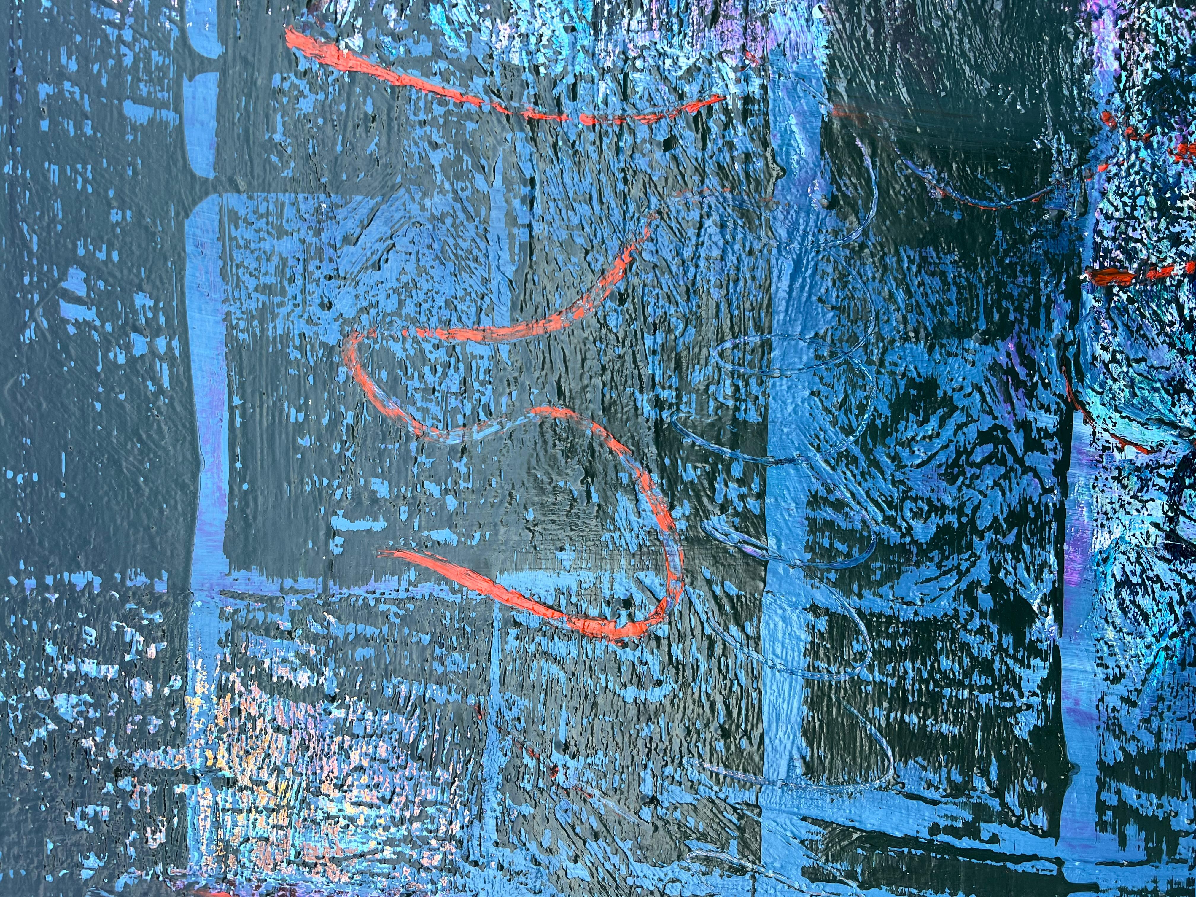 Quadro di composizione astratto a trama blu molto grande del XX secolo francese - Abstract Painting Blu di Gilbert Pelissier