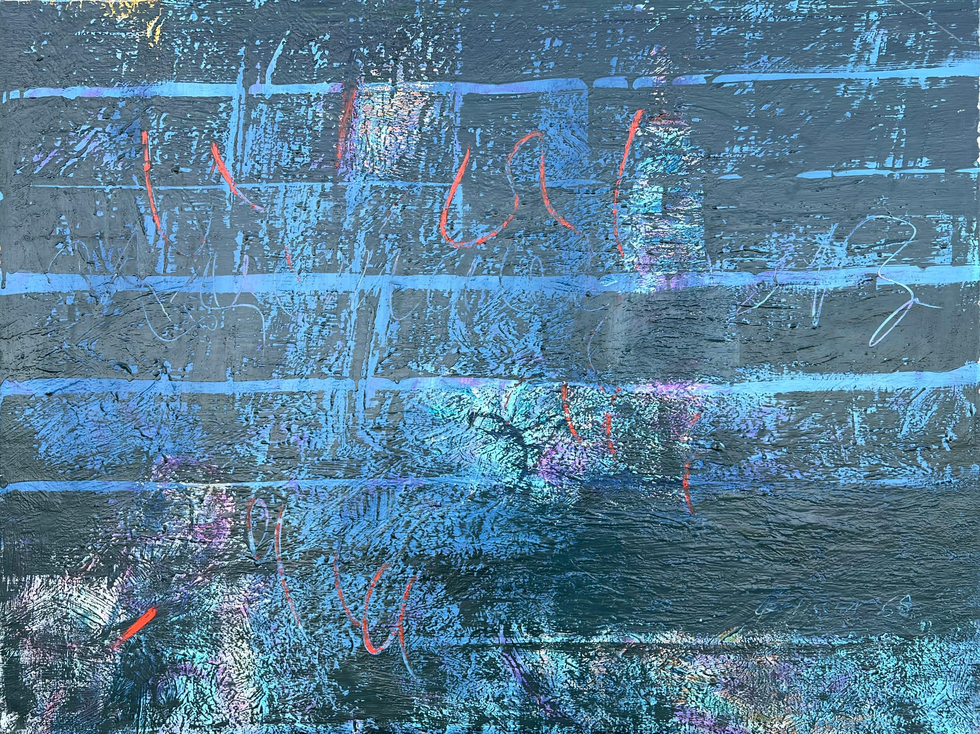 Abstract Painting di Gilbert Pelissier - Quadro di composizione astratto a trama blu molto grande del XX secolo francese