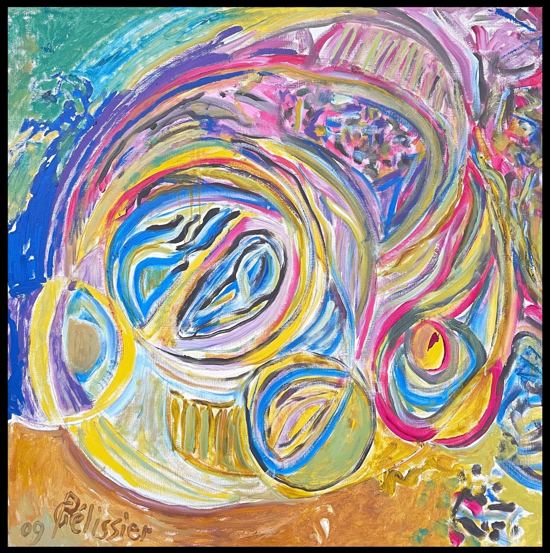 Leuchtend wirbelndes abstraktes Gemälde mit kräftigen Farben, Französisch 20. Jahrhundert – Painting von Gilbert Pelissier